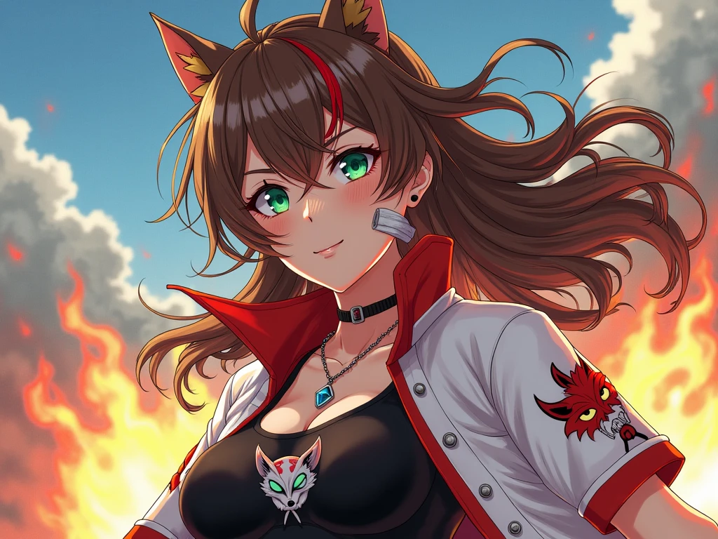 (masterpiece) best quality good anatomy anime girl in hot position, with red and green cartoonized outfit for profile picture holding a cat on head --auto --s2