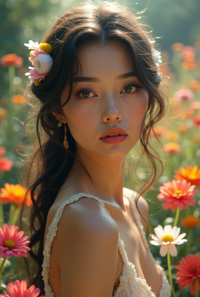 a woman with beautiful detailed eyes, beautiful detailed lips, extremely detailed face, long eyelashes, perfect skin, wearing a white dress, standing in a field of flowers, cinematic lighting, fantasy art style, vibrant colors, photorealistic, highly detailed, 8k, best quality, masterpiece