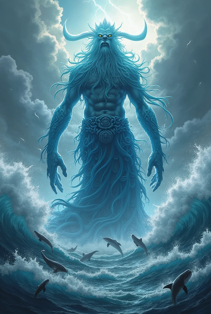 Create an interclass t-shirt with a predominant blue color and a secondary black color with the theme Poseidon.