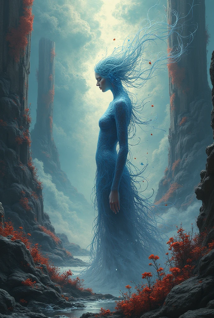 photorealistic stark analog photo, Art Nouveau, a beautiful fairy beside a magnificent black-toned (mrblng02-8000:1.05) cliff with waterfall, very detailed, intricate, (misty:1.1), <lora:to8_ContrastFix_sd15:0.83>