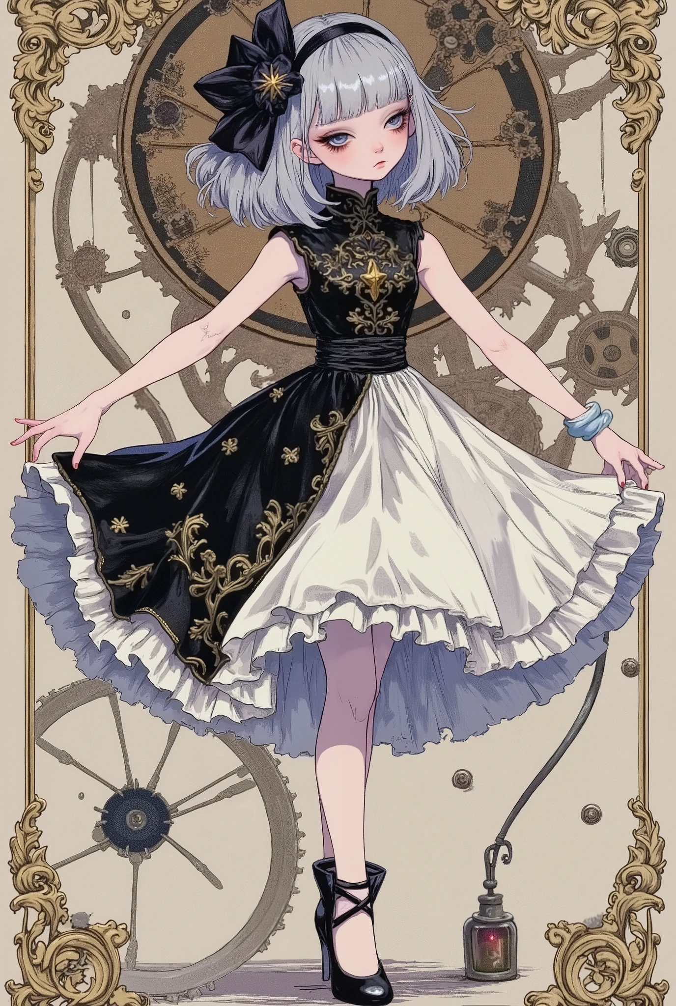 (masterpiece, perfect detail), ( 1girl , doll body, ball jointed doll, ball jointed, Silver short bob, with bangs and eyes hidden , Purple Lips, Sleeveless gothic dress composed of black and white, Frills folded over and over, frill headband, Black ballet shoes , (open legs, Dancing with Anne de Troyes), (mechanical gear background)