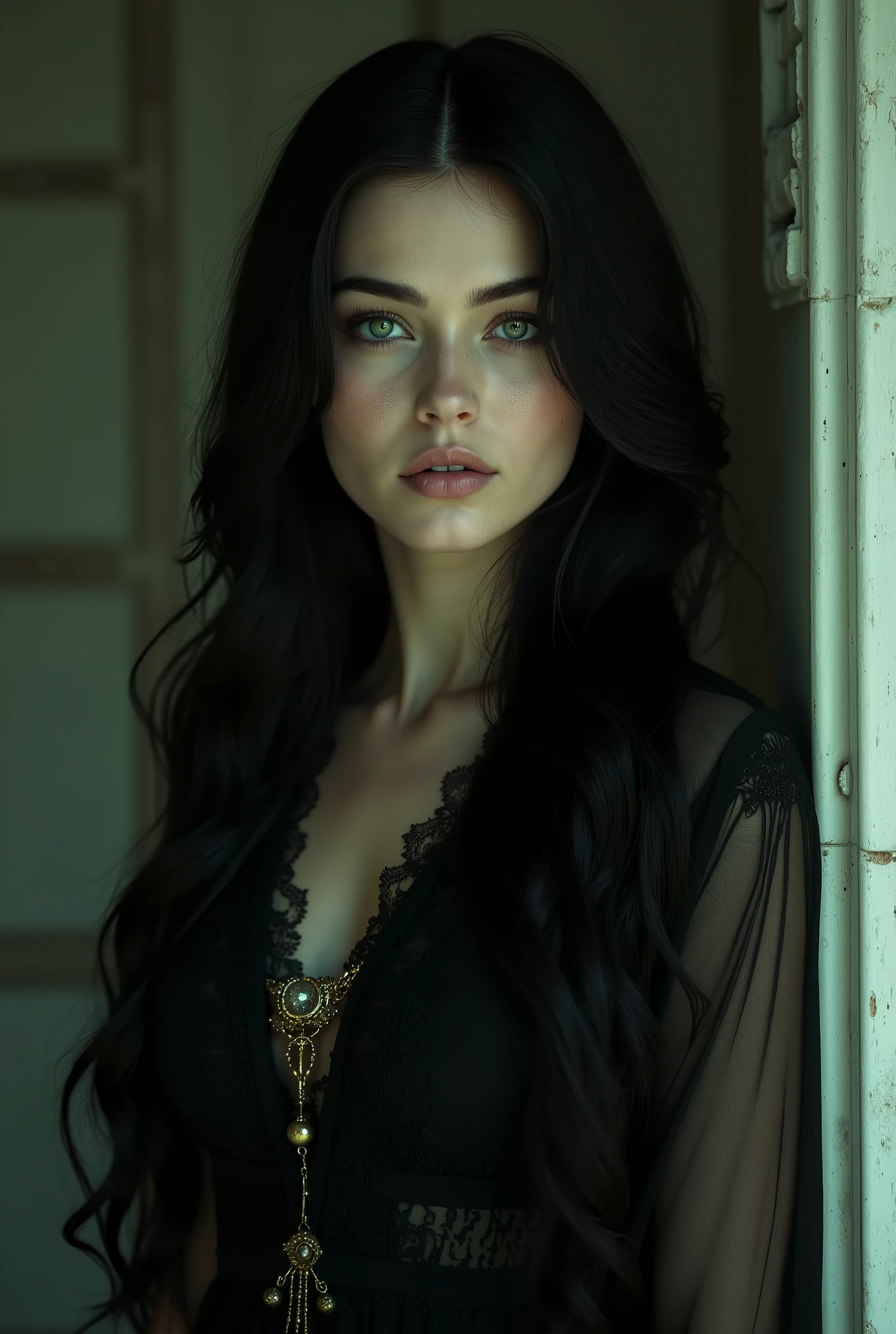 Arafed woman with long black hair and a gold necklace - SeaArt AI
