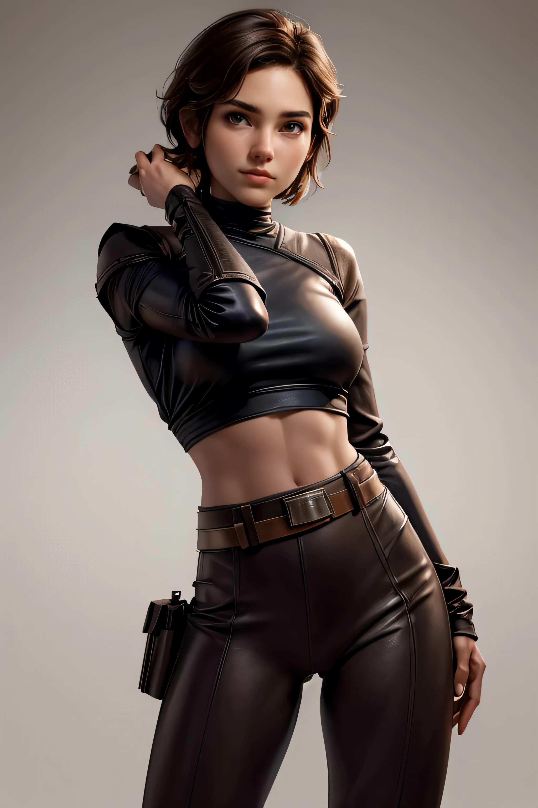 Star Wars , short hair , brown eyes, confident, decided, firm stance, expression of happiness , female smuggler wears tight brown leather leggings with belt, top quality, masterpiece , super detail, lyrics, cinematic lighting , plain white background , without patterns, No textures.