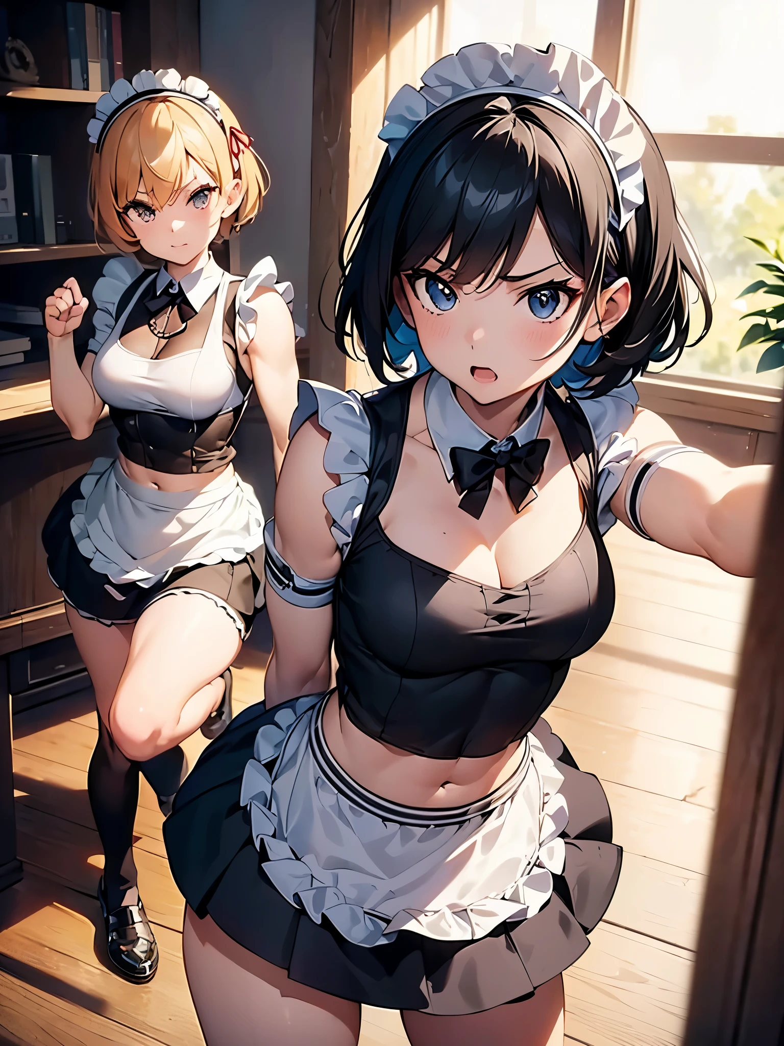 Beautiful shot of 4 females having passionate sex with each other, multiple lesbians , maid fucking another maid, dynamic poses, action photography , blue maid cosplay, tied up, ((fisheye lens)), bdsm, ecchi style, high contrast