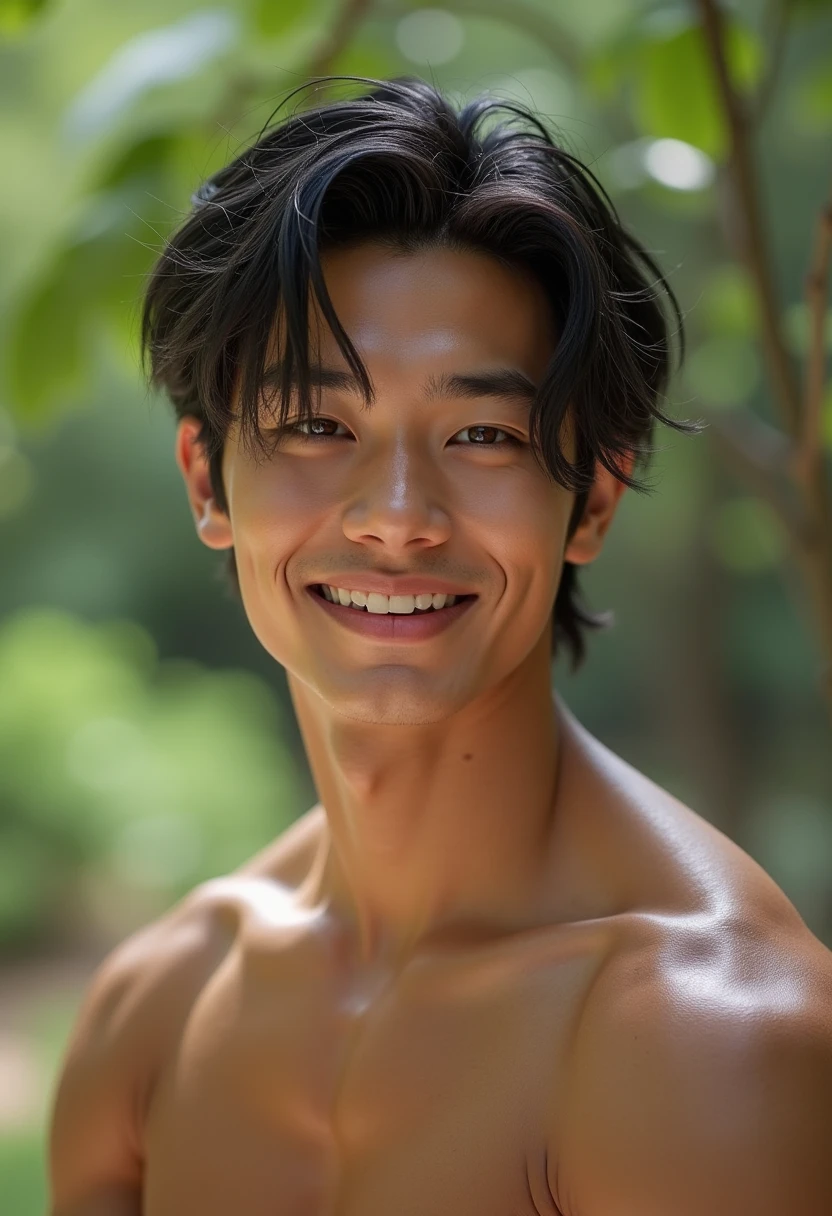 Japanese men、15 years old、Well-developed muscles and smooth skin、Fluffy, voluminous green hair、Boxer briefs、You can see the whole body from head to toe、Smiling softly、Hero Academy、In the shade of the forest