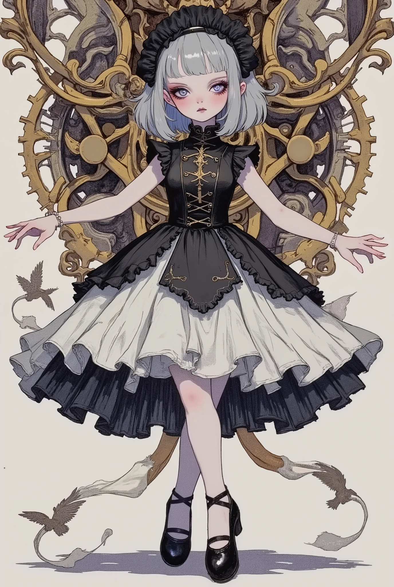 (masterpiece, perfect detail), ( 1girl , Doll Body, Doll Joints, Silver short bob, with bangs and eyes hidden , Purple Lips, Sleeveless gothic dress composed of black and white, Frills folded over and over, frill headband, Black ballet shoes , (open legs, Dancing with Anne de Troyes), (mechanical gear background)