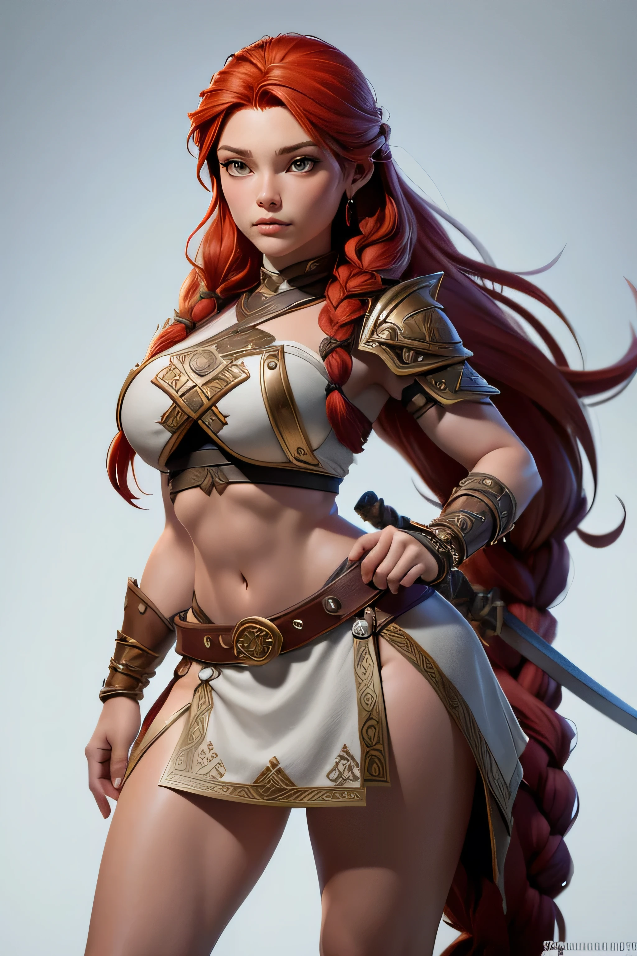Young Viking woman , warrior, long red hair tied in a single braid , amazonian body , generous hips , curvilinear, armed with sword , woman wears leather armor with leather linings and Celtic and Nordic knots, fur skirt, top quality, masterpiece , super detail, lyrics, cinematographic lighting, plain white background , without patterns, No textures.