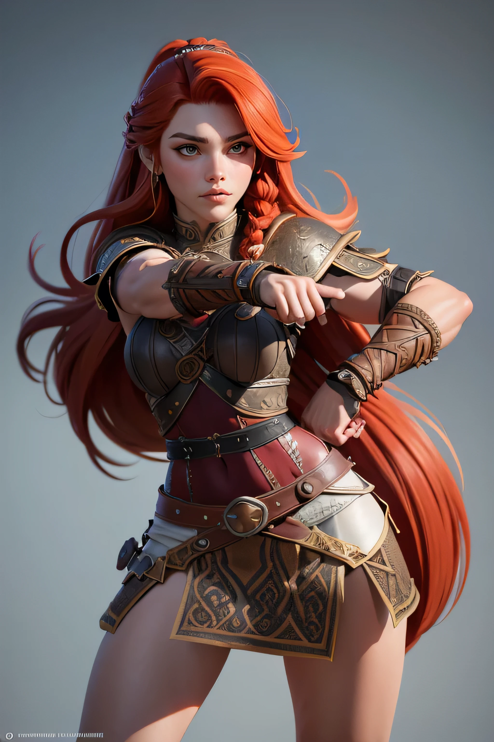 Young Viking woman , warrior, long red hair tied in a single braid , amazonian body , generous hips , curvilinear, armed with sword , woman wears leather armor with leather linings and Celtic and Nordic knots, fur skirt, top quality, masterpiece , super detail, lyrics, cinematographic lighting, plain white background , without patterns, No textures.