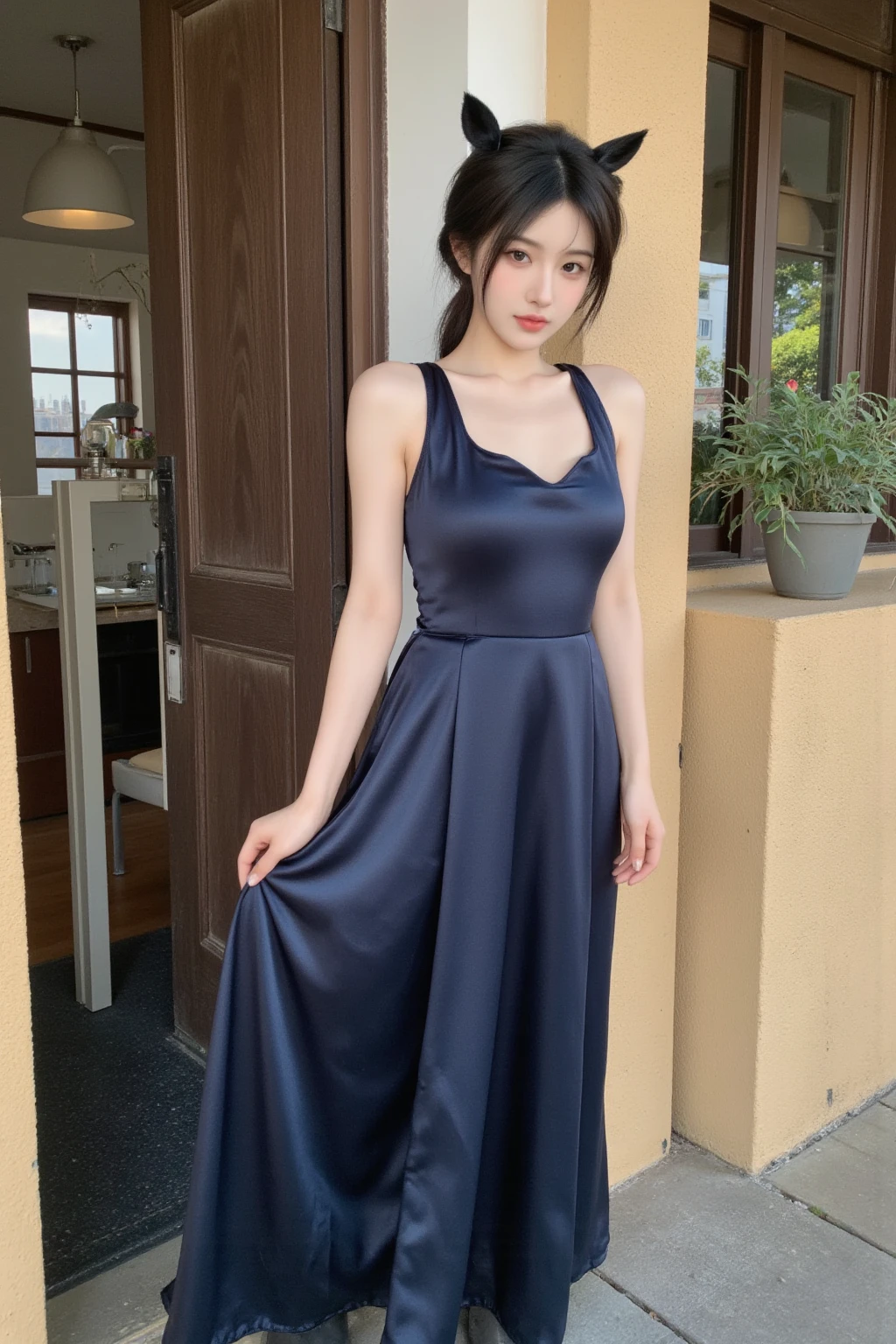 Beautiful and elegant young lady. Eurasian cuteness Overload in a simple and elegant tight summer dress upskirt