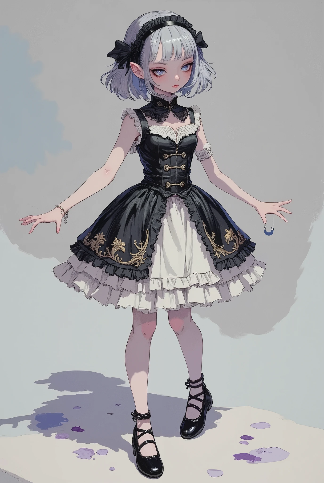 (masterpiece, perfect detail), ( 1girl , Doll Body, Ball joints, Silver short bob, with bangs and eyes hidden , Purple Lips, Sleeveless gothic dress composed of black and white, Frills folded over and over, frill headband, Black ballet shoes , open legs