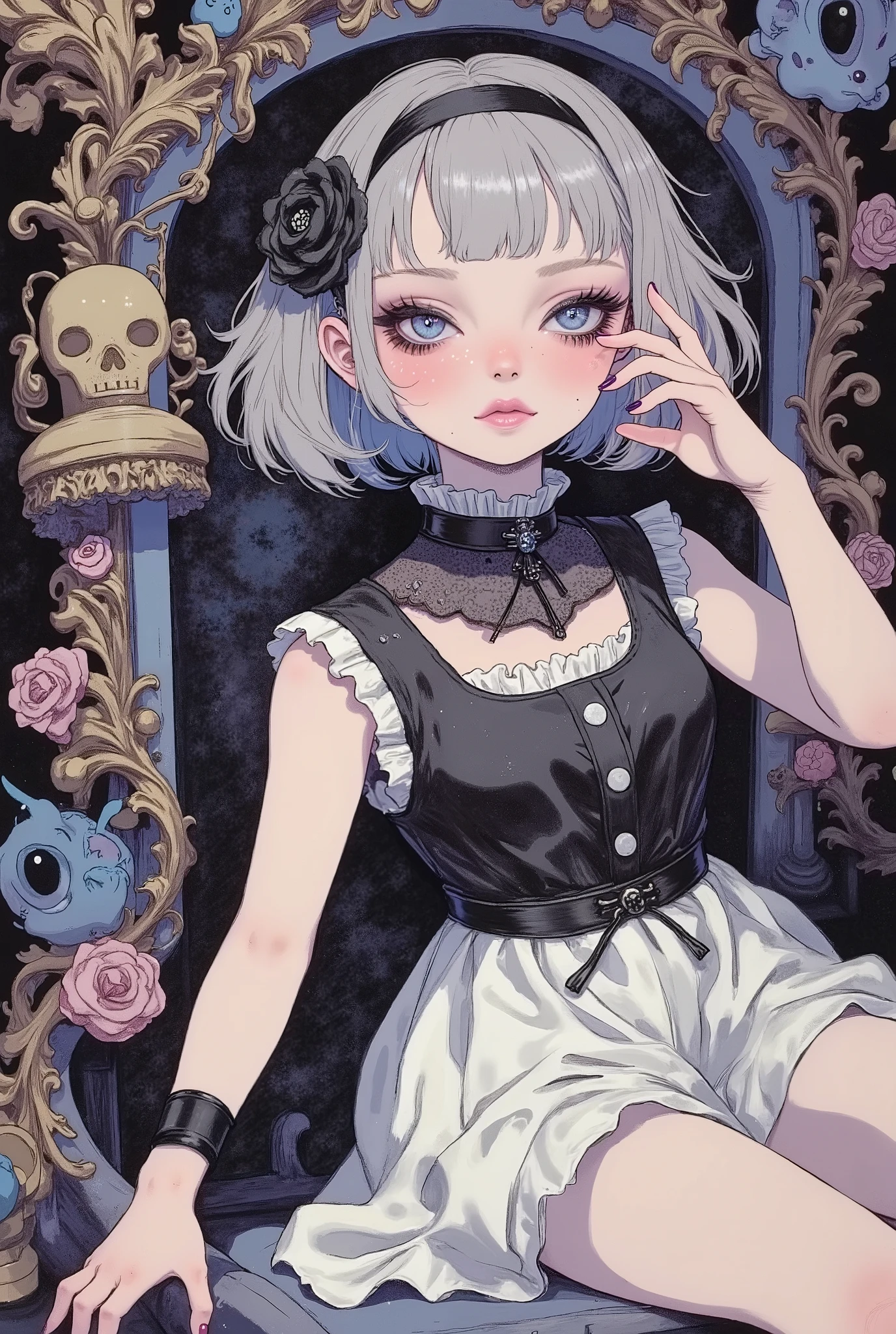 (masterpiece, perfect detail), ( 1girl , Doll Body, Ball joints, Silver short bob, with bangs and eyes hidden , Purple Lips, Sleeveless gothic dress composed of black and white, Frills folded over and over, frill headband, Black ballet shoes , open legs