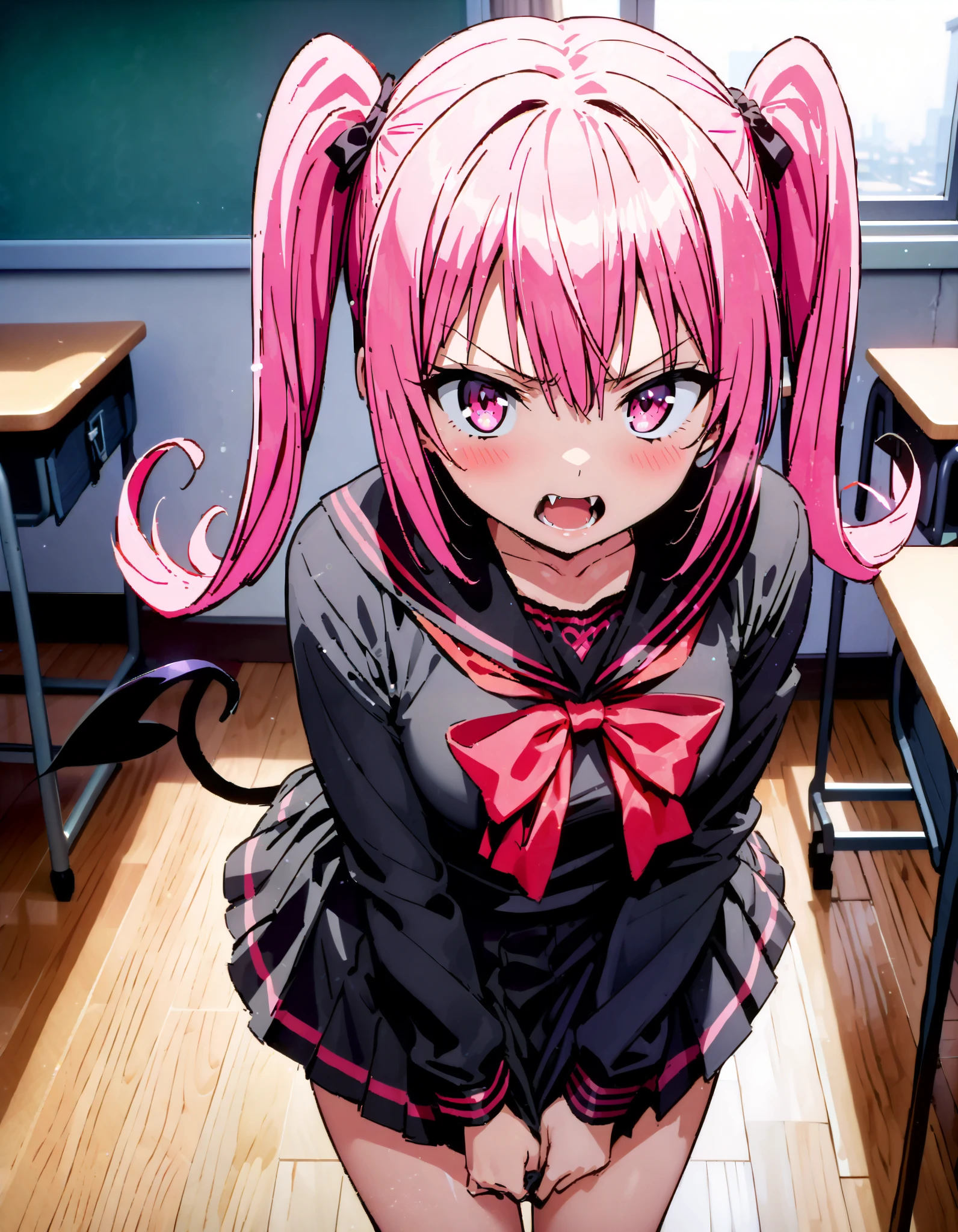 Nana Devil, Nana Asta Deviluk,Solo fangs , long hair, pink eye, pink hair with a scar, demon tail , Twin Tails, small tits, Embarrassing,blush,Angry, open their mouths, Long Sleeve,Black sailor suit, black mini pleated skirt ,Black socks,Brown loafers, Tight skirt tug, style lifting hold the skirt with both hands,whole bodyがイラストに入るように,
break looking at viewer,whole body,
break indoors, classroom,
break (masterpiece:1.2), top quality, high resolution, unity 8k 壁紙 , (shape:0.8), ( attention to beautiful details :1.6), Highly Detailed Face , perfect lighting, highly detailed CG, ( perfect hand, perfect anatomy),