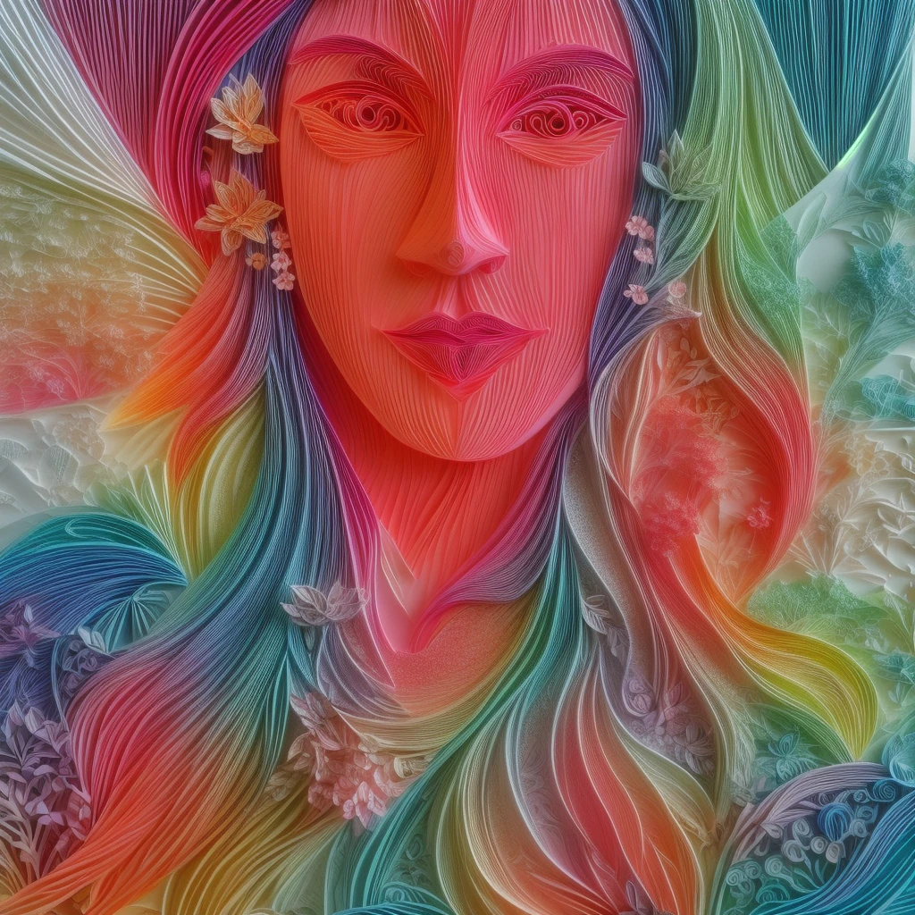 A close up of a woman with colorful hair and a flower in her hair ...