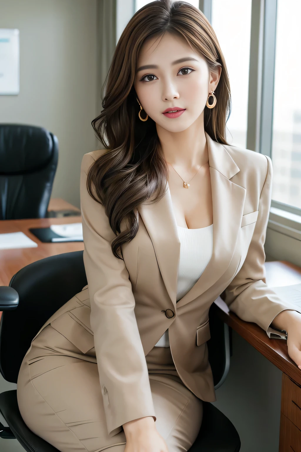 highest quality, realistic, Super detailed, finely, High resolution, 8k wallpaper, 1 beautiful woman,, light brown messy hair, wearing a business suit,wearing a slit skirt、 sharp focus, perfect dynamic composition, detailed and beautiful eyes, fine hair, Detailed and realistic skin texture, smile, model body shape、beautiful legs、I'm on the terrace、Talking、Chatting