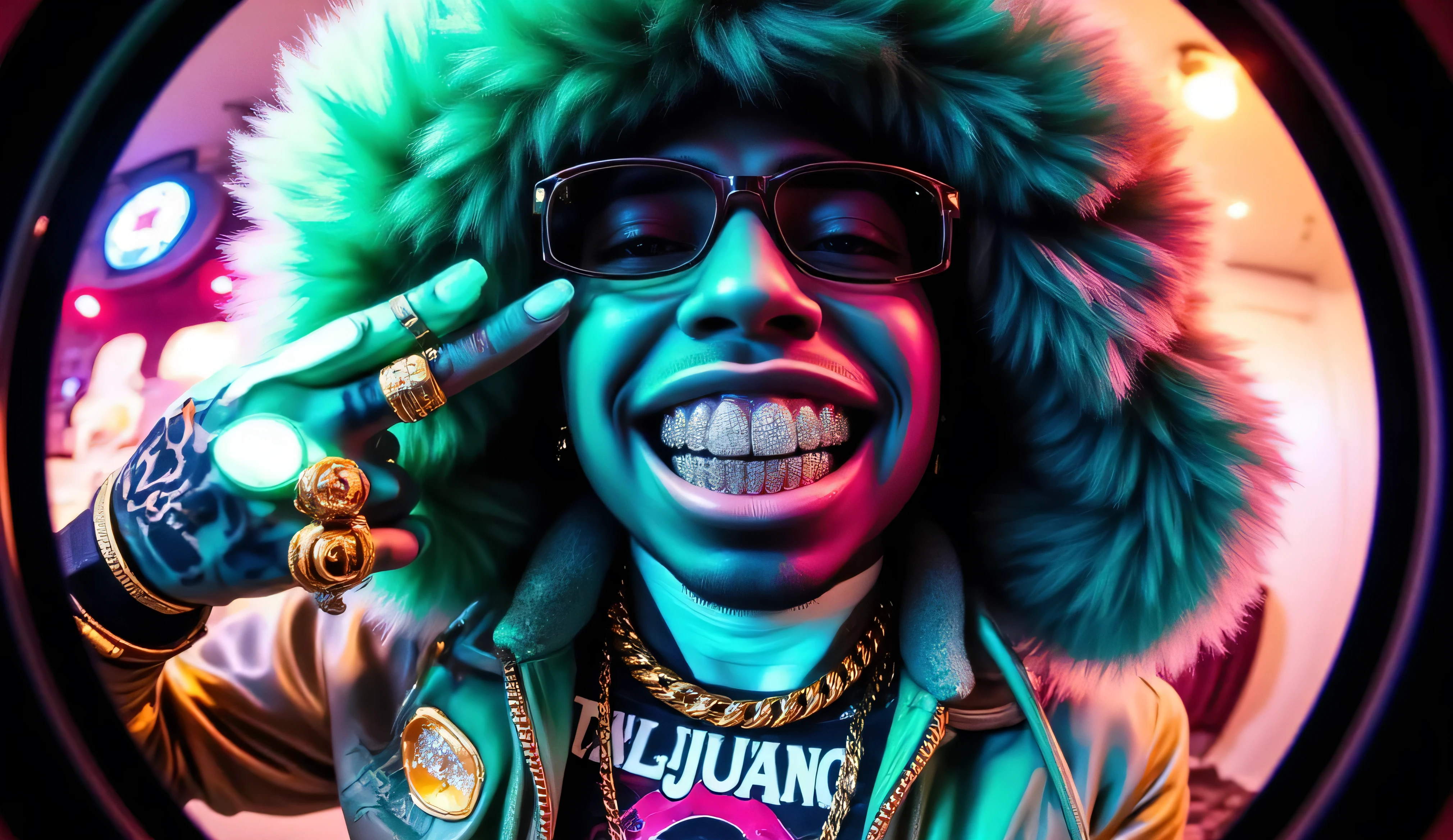 gr!llz, persin Nztykle in the style of Jed-clrfl , Ebony character enveloped in intense thick colored energy.The character has luminous peacock color skin, wearing a fur bubble jacket with  shirt underneath with bold text that says "Talijuano",   bold gold chain aesthetic_pos3, Their face is obscured by the overwhelming thick glow::7.2 , large anime energy aura size 6 inches from body emphasizing the sheer power they are unleashing::6.4 .smiling into the camera, fish eye lens realistic photograph with a wide smile, its teeth are encrusted with shiny platinum diamonds. 