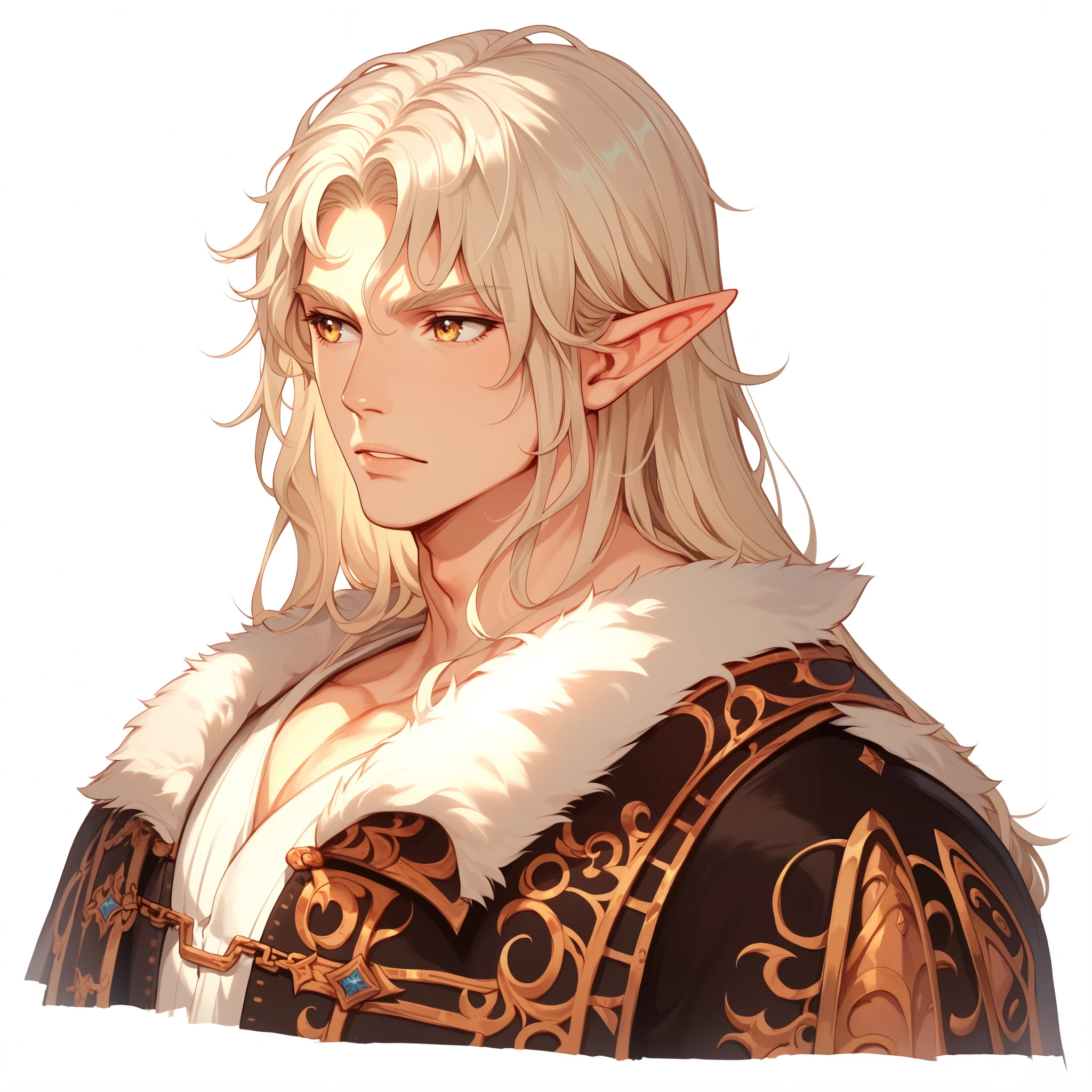 1man. Handsome male. Male elf. slightly pale. Platinum-Blonde hair. Long hair. Elf ears. Royal attire. mysterious expression. Golden eyes. curly hair. looking forward. Simple background.