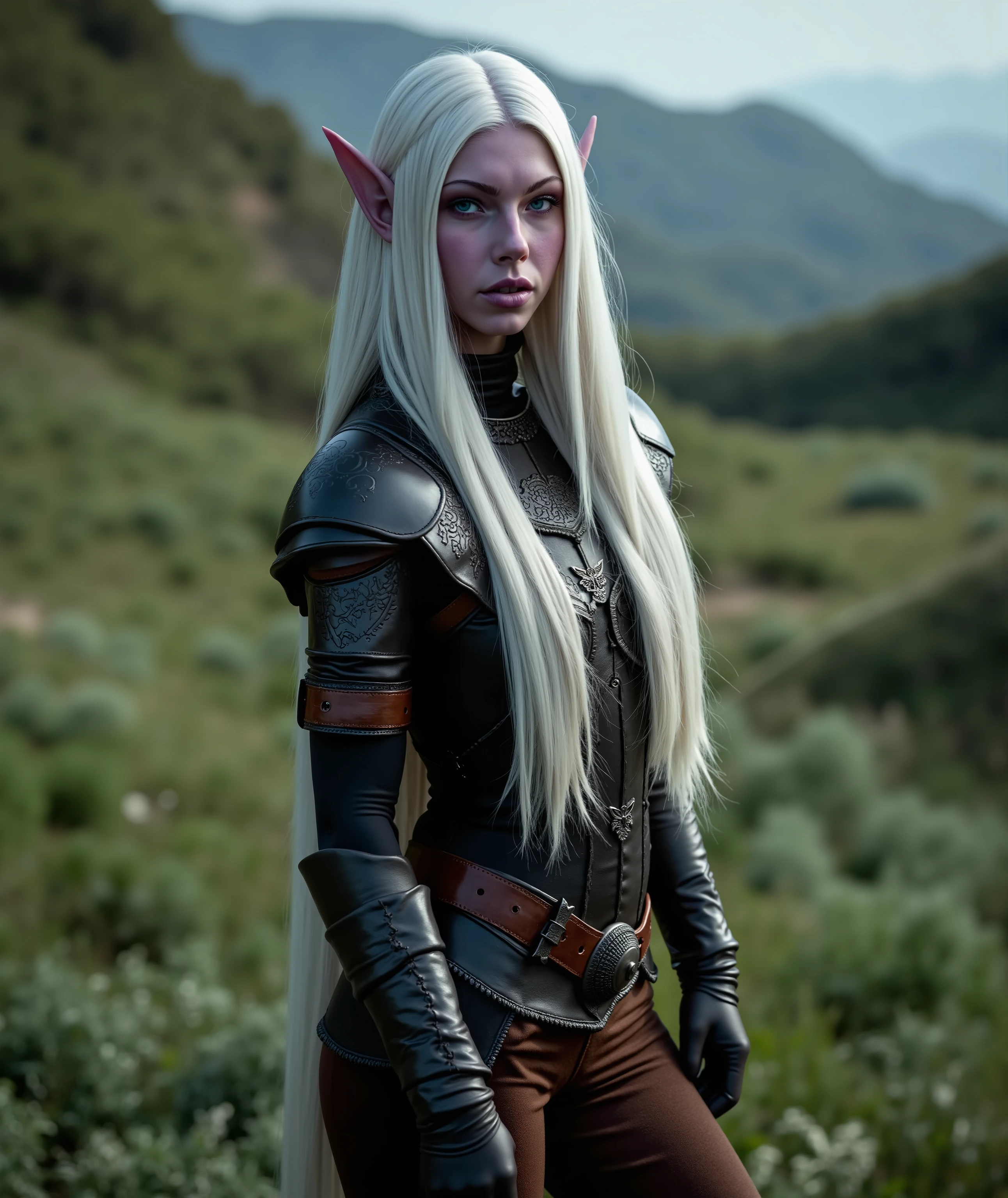 idyllic fantasy countryside, cinematic photo, perfect figure, (((drow elf female, purplish skin, white hair, steel blue eyes))), elf pointed ears, long hair, straight hair, 1girl, realistic, looking at viewer, lips, solo, long hair, 5mm photograph, film, professional, 4k, highly detailed, standing pose, (((looking at camera))), (((medieval fantasy chainmail, medieval pauldrons, brown medieval leggings, belt))), seductive expression,