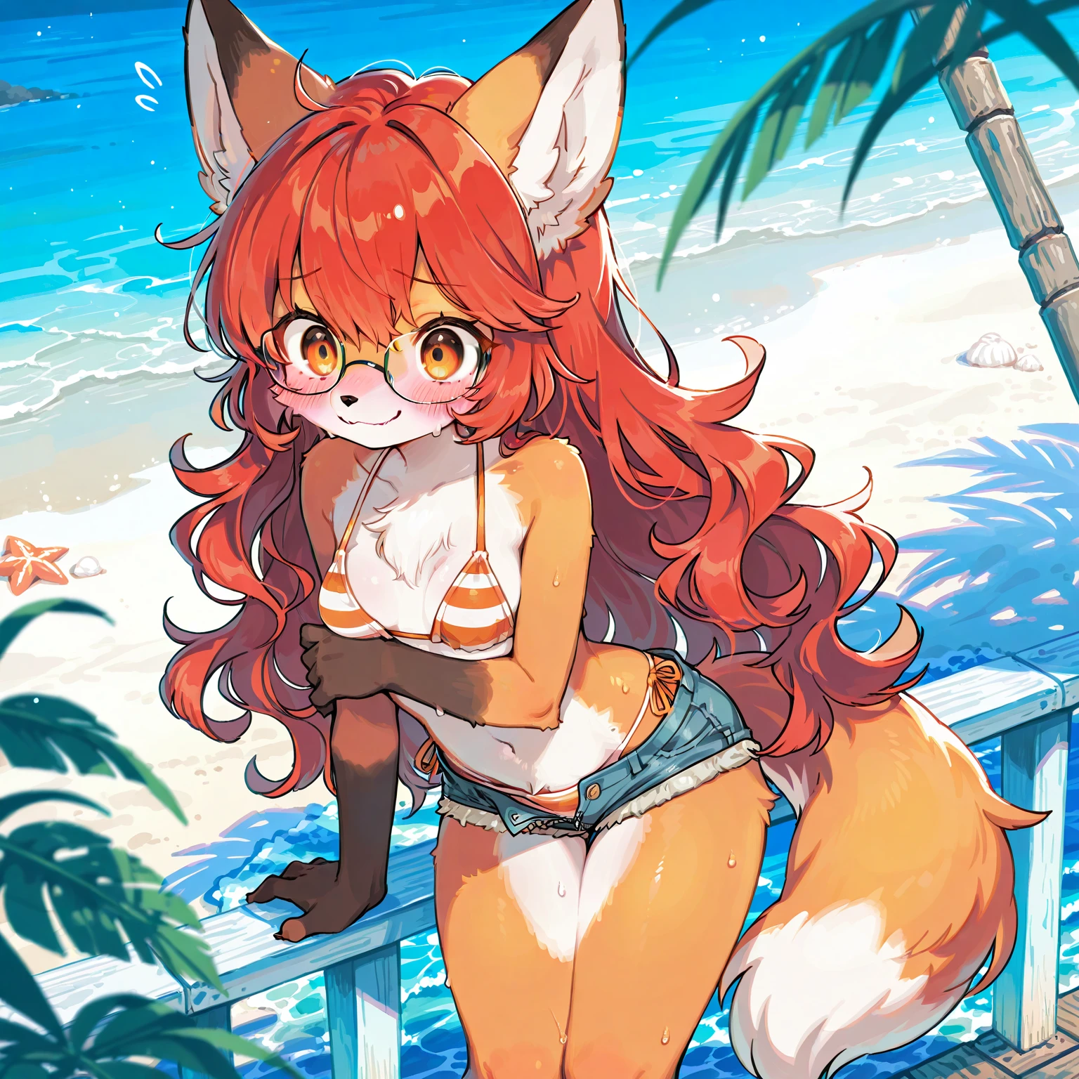 1girl, masterpiece, Kiara, tropical aquapark, full body shown, horny face, yellow one piece swimsuit, looking at me, half closed eyes, thick, toddler, standing, anthro, furry, long snout, fur, small breasts, hands to the side