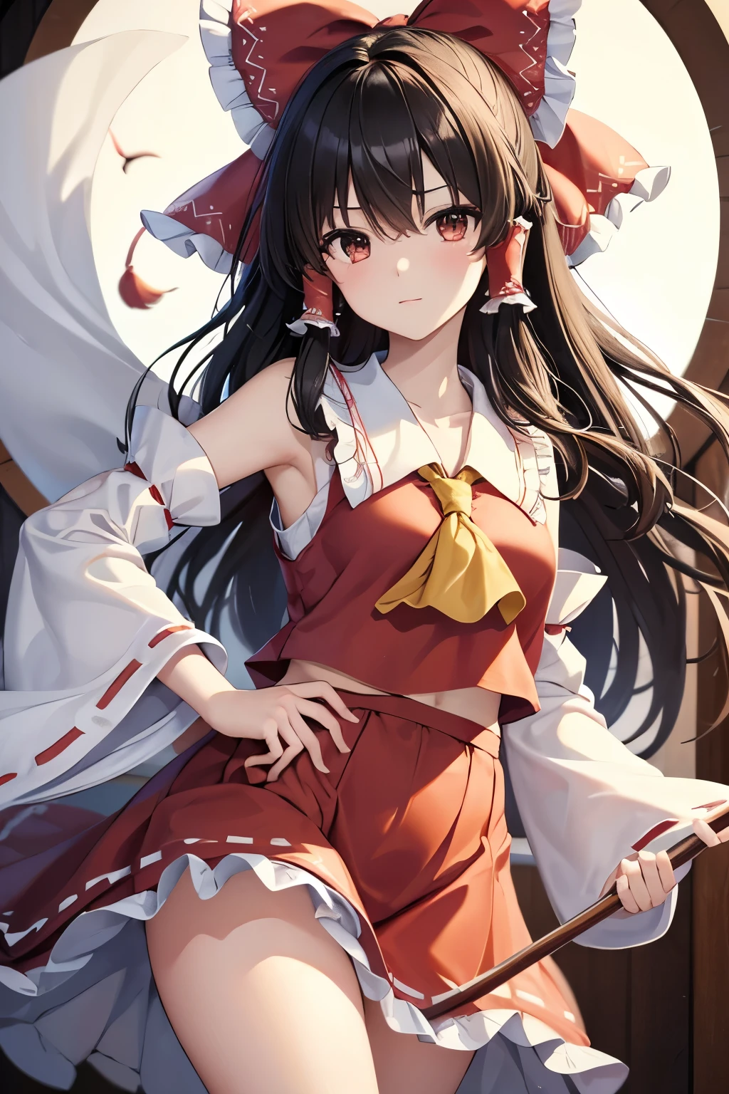 (8k, raw photo, masterpiece, extremely detailed, best quality, professional lighting, high res), BREAK beautiful and adorable girl, hakurei reimu touhou, grown up looks, japanese, slim body, dark hair, black hair, black eyes, dark eyes bow, hair bow, hair tubes, red bow, long hair, bangs, sidelocks, ascot, frilled bow, yellow ascot, hair between eyes, hair tubes, miko, detached sleeves