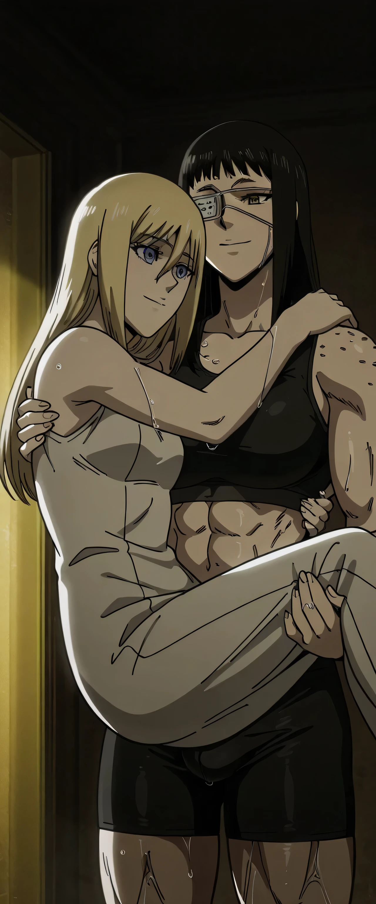 2girl,solo,mm,mature female,black hair,eyepatch, Valmet brown eyes, Valmet medium breasts,anime coloring,long hair, Valmet muscular,Valmet wearing a black sports bra and black tight sport shorts ,cowboy shot, ,masterpiece,best quality,amazing quality, Valmet pelvis muscles, Valmet muscles lines,Valmet with beautiful historia having a long blonde hair,historia reiss,historia soft body,lesbians,yuri, historia shorter than valmet,Valmet carrying historia in princess carry,historia back front Valmet,Valmet her arms Around Historia stomach,Valmet and historia light smile,,light trun off in room,Valmet ×historia,Valmet light smile,Irisviel white dress sleeveless,in night,wets,too wet,yellow light in room,dark room,historia hair between eyes,historia blue eyes,historia girl,bulge between valmet legs indicates she have a penis inside shorts,Valmet have a penis,historia short drees