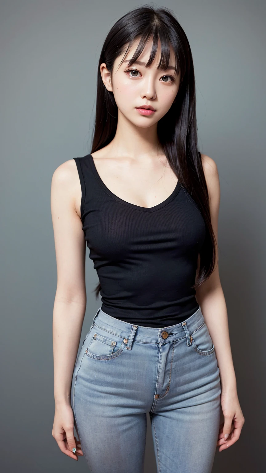 (Lifelike, hight resolution:1.3), 1 girl with a perfect body, super fine face and eyes,length hair, Fashionable clothes:1.2, Short jeans, Big boob