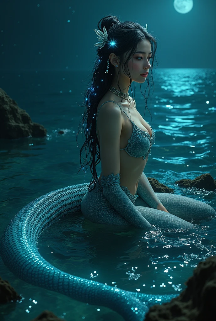 Mermaid Girl, blue long hair, beautiful and young, diadem, swimming freely alongside marine life, Realistic photo, clear correct and detailed face
