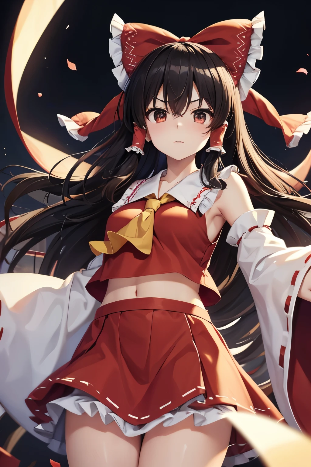 (8k, raw photo, masterpiece, extremely detailed, best quality, professional lighting, high res), BREAK beautiful and adorable girl, hakurei reimu touhou, grown up looks, japanese, slim body, dark hair, black hair, black eyes, dark eyes bow, hair bow, hair tubes, red bow, long hair, bangs, sidelocks, ascot, frilled bow, yellow ascot, hair between eyes, hair tubes, miko, detached sleeves, arrogant, BREAK she is looking down the viewer, view from below, angry, shadow on eyes with silently anger