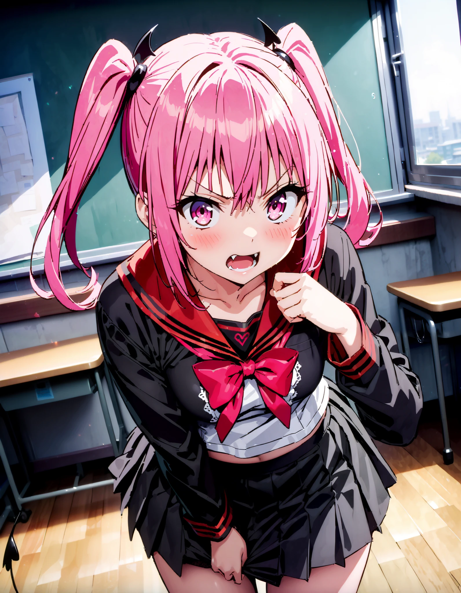 Nana Devil, Nana Asta Deviluk,Solo fangs , long hair, pink eye, pink hair with a scar, demon tail , Twin Tails, small tits, Embarrassing,blush,Angry, open their mouths, Long Sleeve,Black sailor suit, black mini pleated skirt ,Black socks,Brown loafers, Tight skirt tug, style lifting hold the skirt with both hands,whole bodyがイラストに入るように,
break looking at viewer,whole body,
break indoors, classroom,
break (masterpiece:1.2), top quality, high resolution, unity 8k 壁紙 , (shape:0.8), ( attention to beautiful details :1.6), Highly Detailed Face , perfect lighting, highly detailed CG, ( perfect hand, perfect anatomy),