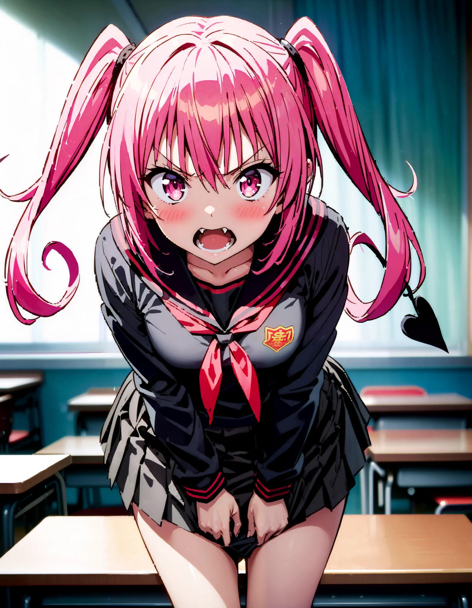 Nana Devil, Nana Asta Deviluk,Solo fangs , long hair, pink eye, pink hair with a scar, demon tail , Twin Tails, small tits, Embarrassing,blush,Angry, open their mouths, Long Sleeve,Black sailor suit, black mini pleated skirt ,Black socks,Brown loafers, Tight skirt tug, style lifting hold the skirt with both hands,whole bodyがイラストに入るように,
break looking at viewer,whole body,
break indoors, classroom,
break (masterpiece:1.2), top quality, high resolution, unity 8k 壁紙 , (shape:0.8), ( attention to beautiful details :1.6), Highly Detailed Face , perfect lighting, highly detailed CG, ( perfect hand, perfect anatomy),