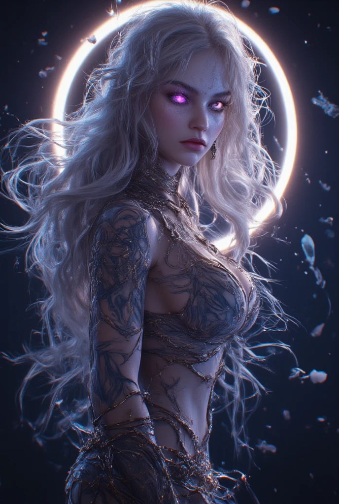nightcity, Neon, Perfect starry sky, OC, High Details, High Details, Super detail, Ultra-fine detailed paintings, (a one woman),8k,(slouch:1.4)、A lot of piercings in the ears、A lot of piercings on the face、body piercing、Tattoos on the face、、Tattoos around the eyes、Gray Hair, (slouch:1.3)、tank top,, Chest opened、big Eyes, (long eyelash:1.3), (very long eyelashes), Ethnic tattoos, (Tattoos covering the whole body), (A lot of tattoos), tattoos on chest, Tattoo on the arm, finger tattoo、(Tattoos all over the chest)、Beautiful features、Neutral facial features、(ple short hair)、beksinski、Artem Demla、