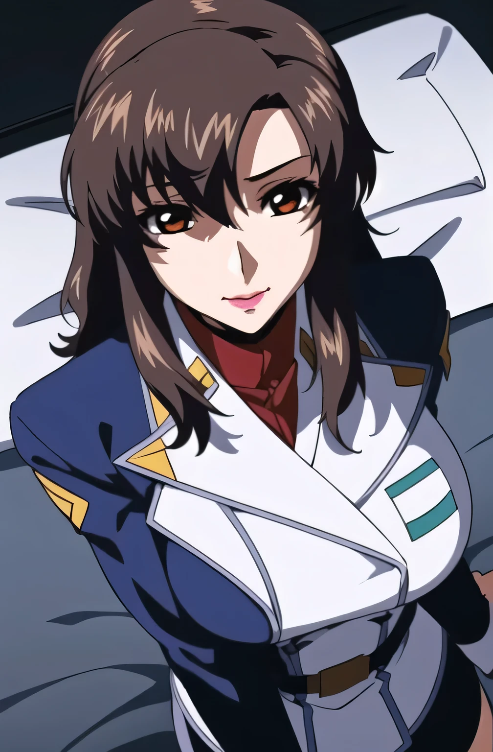 (Night:1.7),a space battleship in space,

sitting on a White_armchair,

military uniform, military,jacket,blue and white uniform,Skirt,

(White lace panties :1.3),

bangs,brown_hair, long_hair,red eyes,lipstick,makeup,

1 girl,27yo,female,Beautiful Finger,Beautiful long legs,Beautiful body,Beautiful Nose,Beautiful character design, perfect eyes, perfect face, Japanese,cosplay,

looking at viewer, (innocent_big_eyes:1.0),alluring,embarrassed, shy,light smile,

official art,extremely detailed CG unity 8k wallpaper, perfect lighting,Colorful, Bright_Front_face_Lighting,
(masterpiece:1.0),(best_quality:1.0), ultra high res,4K,ultra-detailed,
photography, 8K, HDR, highres, absurdres:1.2, Kodak portra 400, film grain, blurry background, bokeh:1.2, lens flare, (vibrant_color:1.2)

(Beautiful,large_Breasts:1.4), (beautiful_face:1.5),(narrow_waist),

