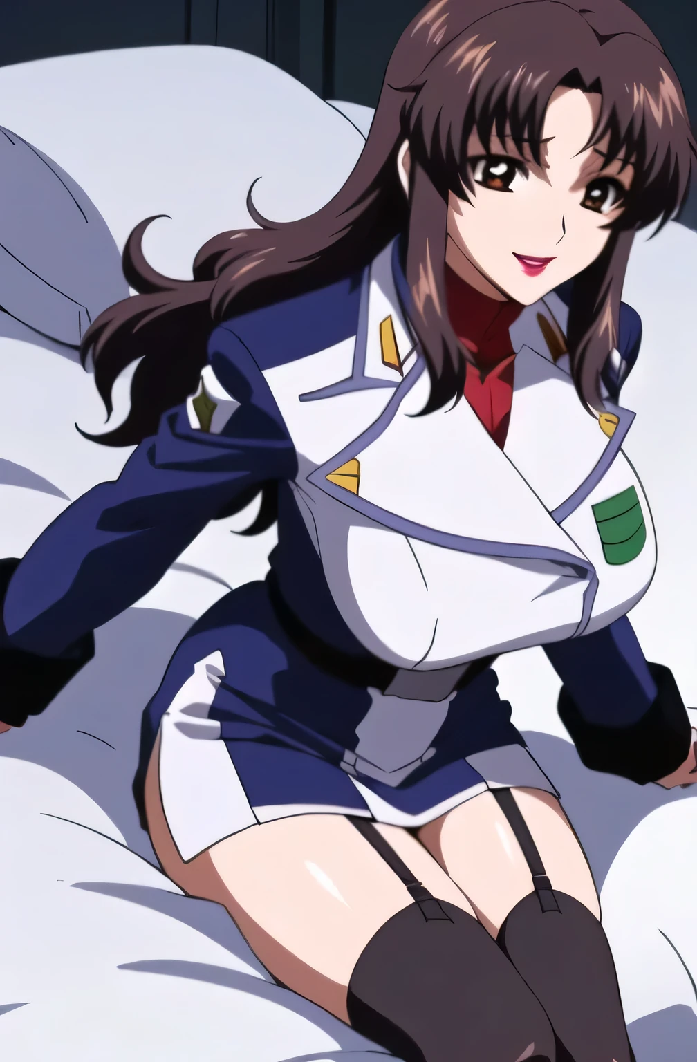 (masutepiece),(Best Quality), Katsuragi Misato, Brown eyes, Cross Necklace, Red jacket,Big breasts、((Smaller head))、a bed、Textured skin、extremely detailed eye and face、beatiful detailed eyes、二重まぶた、huge filesize、(Increase the beauty of skin texture:1.1)、hight resolution、highlydetailed skin、top-quality、8k wallpaper、电影灯光、Sleeping in bed、Please lift your skirt and legs、The chest is visible、 Spread your legs、Spread your crotch、Persistent stare, Sharp eyes, sexy langeries