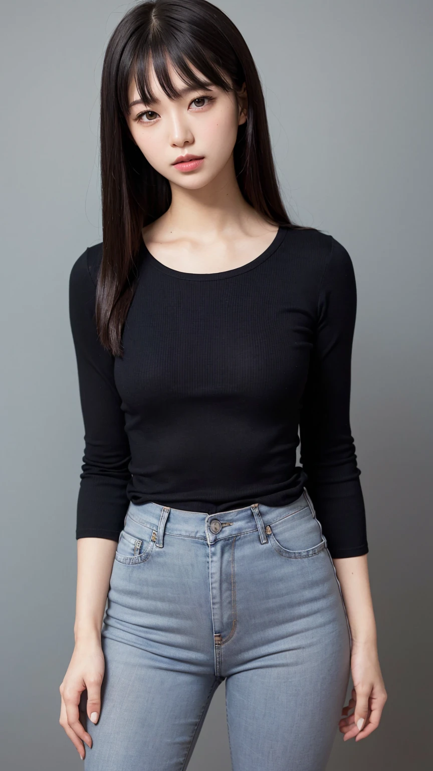 (8k, RAW photos, top quality, masterpiece: 1.2), ultra detailed, super resolution, (real, real photos: 1.37), portraits, high definition RAW color photos, professional photos, very detailed and beautiful, highly detailed, 8k wallpapers, amazing details, huge file size, official art, highly detailed CG Unity 8k wallpapers, highly detailed beautiful girls, highly detailed faces(20:1.2), 20s, cute girl, realistic body, petite, white skin, glowing skin, slim body, handsome body, black hair, ((short hair)), (dull bangs: 1.2), smile, cute, youthful, pretty face, Realistic face, Delicate eyes, Sagging eyes, Jeans, G-jeans, See-through, Earrings, Looking at the camera, Cowboy shot, Front facing, Standing posture, Contrapposto, Dynamic pose, C cup breasts, Cowboy shot