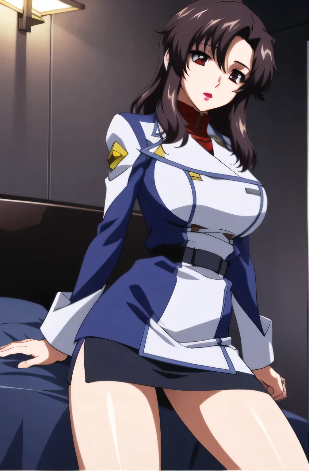 <lora:Rieri_Bishop:1.2> green eyes,1girl, solo, mature woman, (purple hair), shoulder-length hair, (messy hair), bangs, large boobs,  lips, <lora:more_details:0.5>, best quality, masterpiece, smooth skin, uncaring, good lighting,   <lora:1675851255091389530:0.7>, military uniform, white uniform, jacket, black thighhighs, lace-trimmed legwear, high heels, pencil skirt, side slit, black belt, closeup