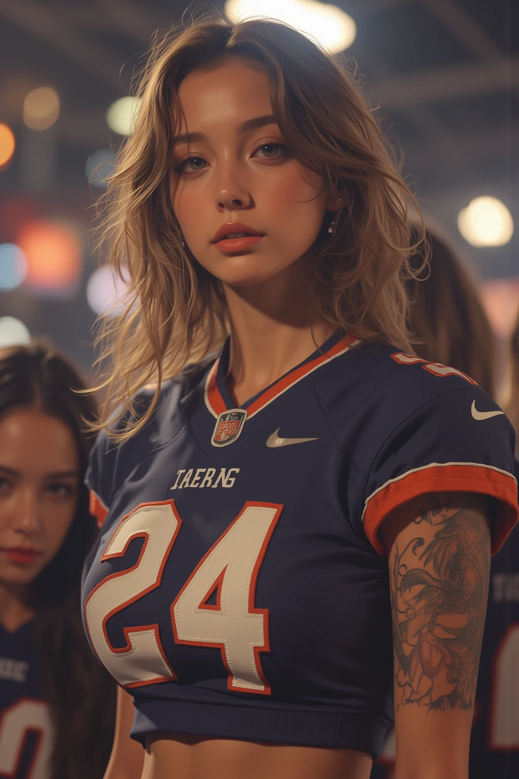 photorealistic, high resolution, 1women, solo,  up, look at viewer, (detailed face), wavy hair, football uniform, tattoo, jewelry