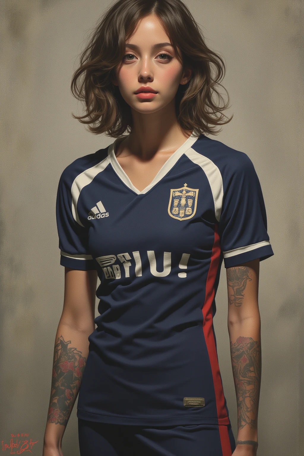photorealistic, high resolution, 1women, solo,  up, look at viewer, (detailed face), wavy hair, football uniform, tattoo, jewelry