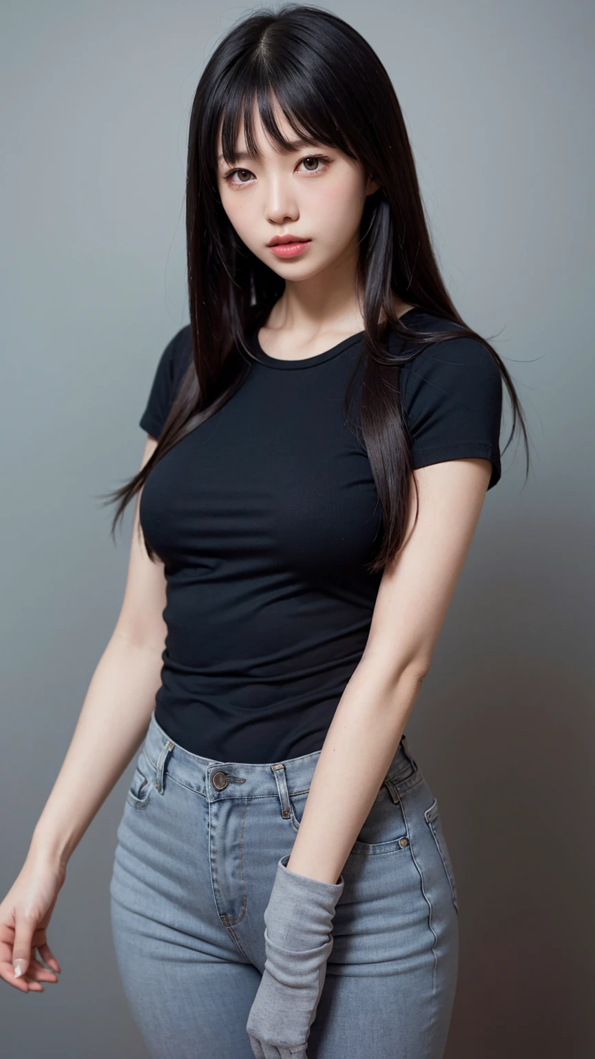 ((1girl)), woman, masterpiece, best quality, highest quality, cinematic lighting, (volumetric lighting), extremely detailed CG unity 8k wallpaper, focused, 8k wallpaper, extremely detailed, ultra realistic, photorealistic, sharp focus, absurdres, (HDR:1.2), (high contrast), photograph, detailed and intricate, instagram, portrait, highly detailed, digital painting, artstation, concept art, smooth, sharp focus, illustration, cinematic lighting, (big breast:1.3), (((skinny, slim legs))), (japanese idol posture), (knit strap tanktop, short pants, cleavage), looking at the viewer, ((standing split)), ((Medium body shot, hip level shot)), long hair