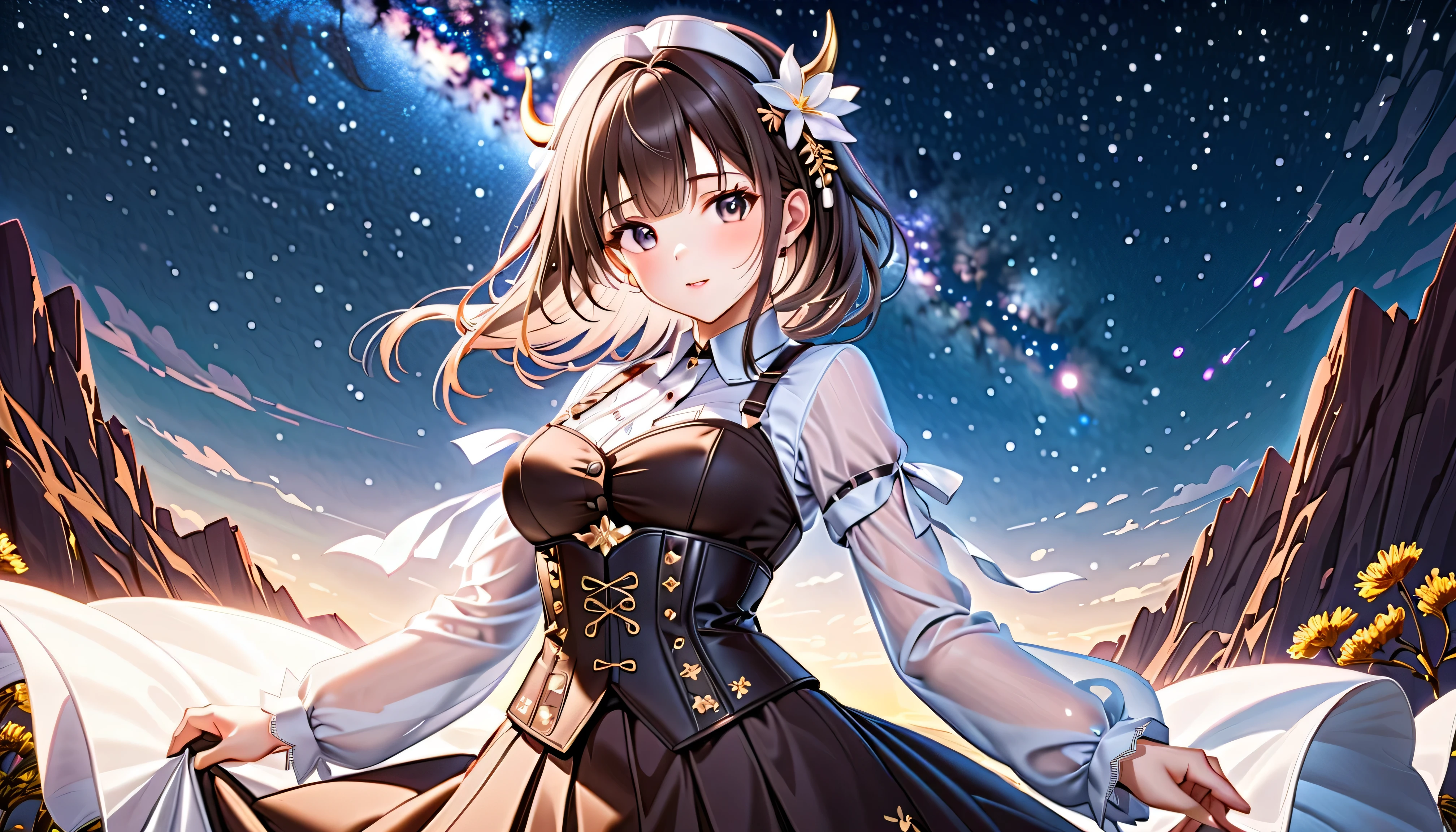 top-quality, hight resolution, 8K images,best qualtiy,hight resolution、A woman who is cute no matter who sees her、Stain cheeks red、Detailed CG background、A dark-haired, Short Bob、Absolute area、Looking at the camera、(Illustration ratio:1.1)、watch the meteor shower、Cold winter nights、muffler、Down coat、Long sleeves、hight resolution、foco nítido、A woman is happy to find a meteor