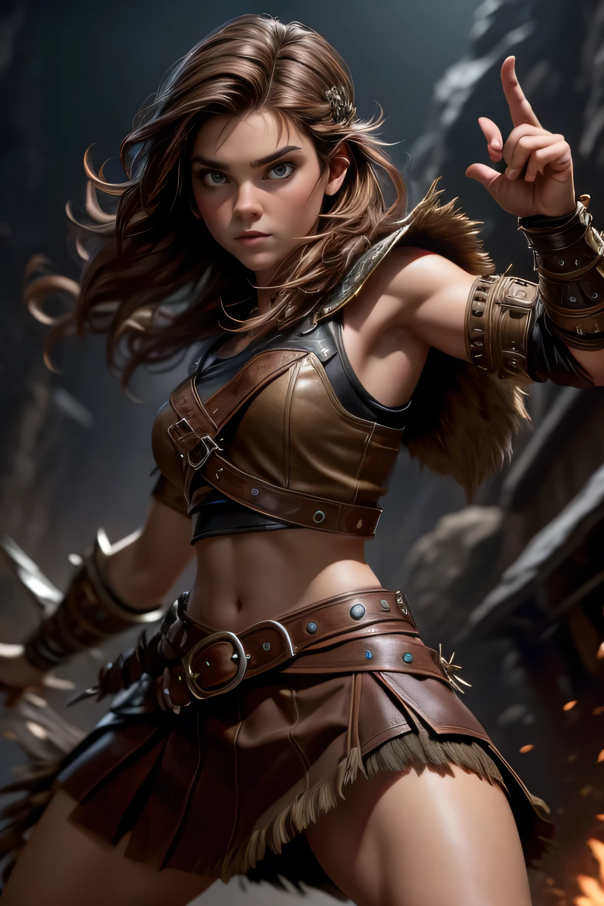 Young Viking woman , warrior, short brown hair, ojos marrones, leather armor, strappy leather top , fur skirt, fierce expression, Combat stance, masterpiece , super detail, lyrics, cinematic lighting .