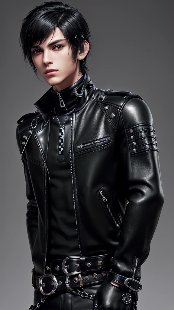 Final fantasy taste and reality graphics, ((Japanese young cute and cool ikemen  boy)), his age is early 20s, thin eyebrows and beady eyes,  ((he wearing black color leather  thick and heavy material jacket)), ((jacket is single brest)), ((biker style jacket)), ((jacket is large size)),((with epaulet)), ((jacket is long sleeve)), ((zipped front of the leather jacket)), , ((voluminous leather jacket)), ,((must jacket is high length and stand-up collar)) ((jacket collar with two belts)), ((jacket is a little black color line pattern)), ((also wearing black thick material turtleneck lackluster shirts)),  ((tight black leather pants)),  ((put black leather tight and thin glove on both hands)), ((black leather glove)),((black leather knee-high raceup boots)),((must views  head-to-toe)),((must views whole body)), ,((Do not show skin from the neck down)),leather jacket leather glove and leather pants have few wrinkles, Avoid showing your innerwear,zip up jacket fastner.must put on a leather glove.
Boy is black hair.boy looks like fashion model.
Boy in the dim room.