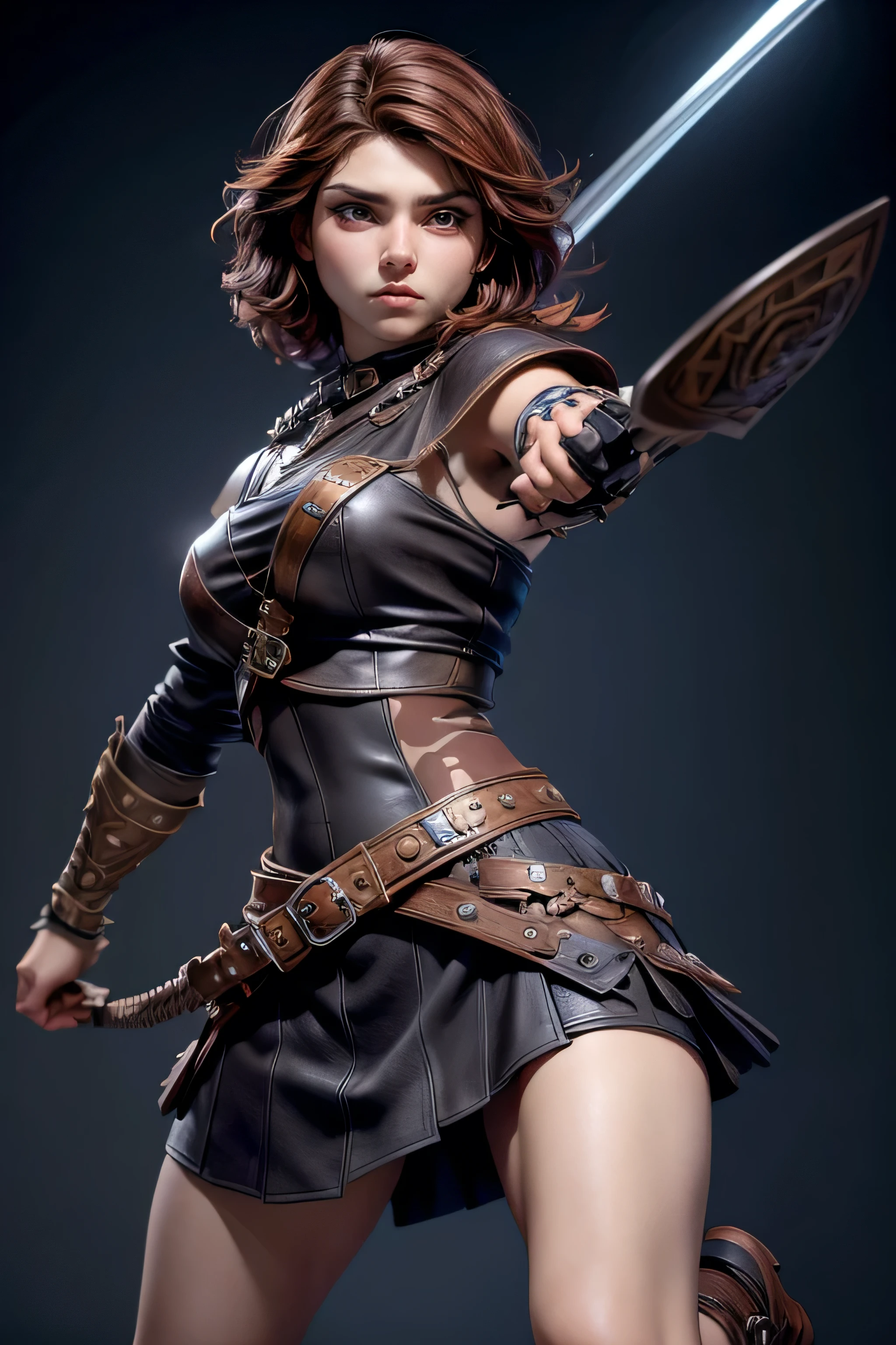Young Viking woman , warrior, short brown hair, ojos marrones, leather armor, strappy leather top , fur skirt, fierce expression, Combat stance, masterpiece , super detail, lyrics, cinematic lighting .