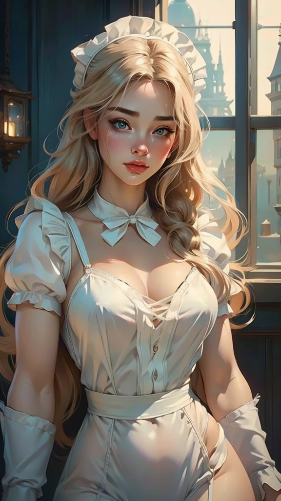 Beautiful girl in a semi-transparent maid outfit、Very beautiful girl、Classy maid、Delicate facial features、gorgeous eyes、Long eyelashes、Small Nose、Thick lips、White skin、long flowing hair、Graceful pose、Cinematic lighting、Soft pastel colors、Graceful and calm、(highest quality、4k、8k、High resolution、masterpiece:1.2)、Super detailed、(Real、Photorealistic、Photorealistic:1.37)