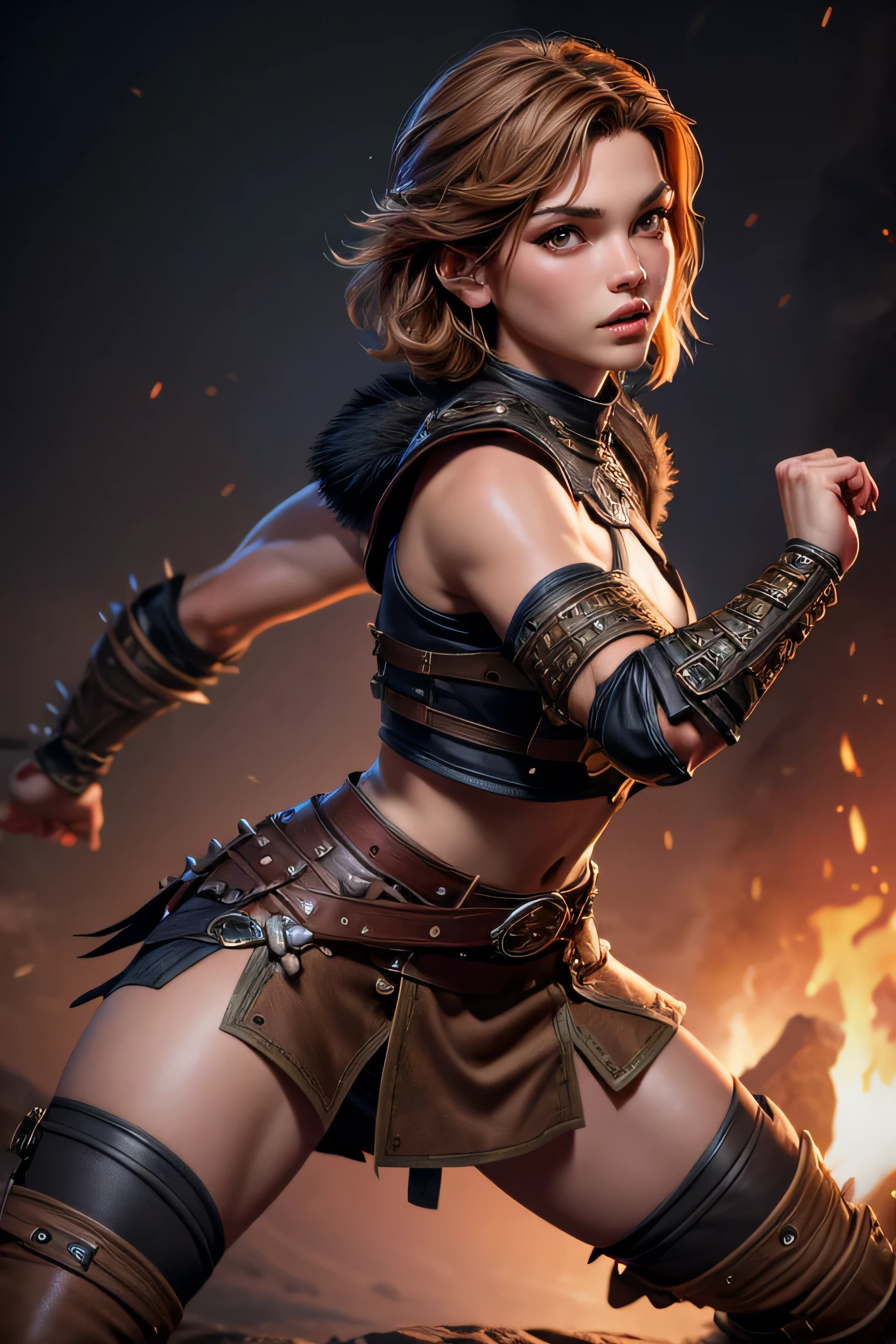 Young Viking woman , warrior, short brown hair, ojos marrones, leather armor, strappy leather top , fur skirt, fierce expression, Combat stance, masterpiece , super detail, lyrics, cinematic lighting .