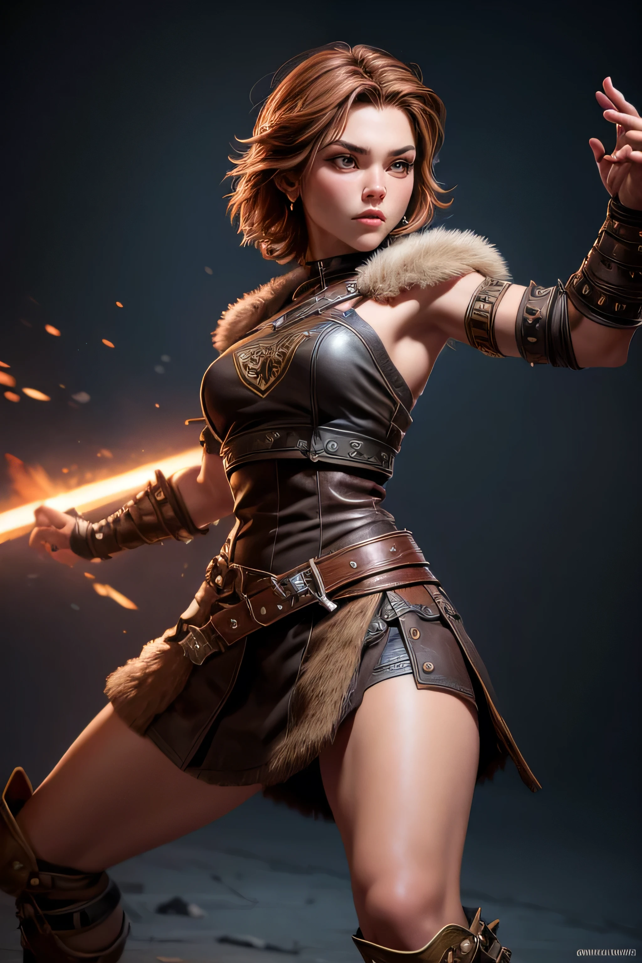 Young Viking woman , warrior, short brown hair, ojos marrones, leather armor, strappy leather top , fur skirt, fierce expression, Combat stance, masterpiece , super detail, lyrics, cinematic lighting .