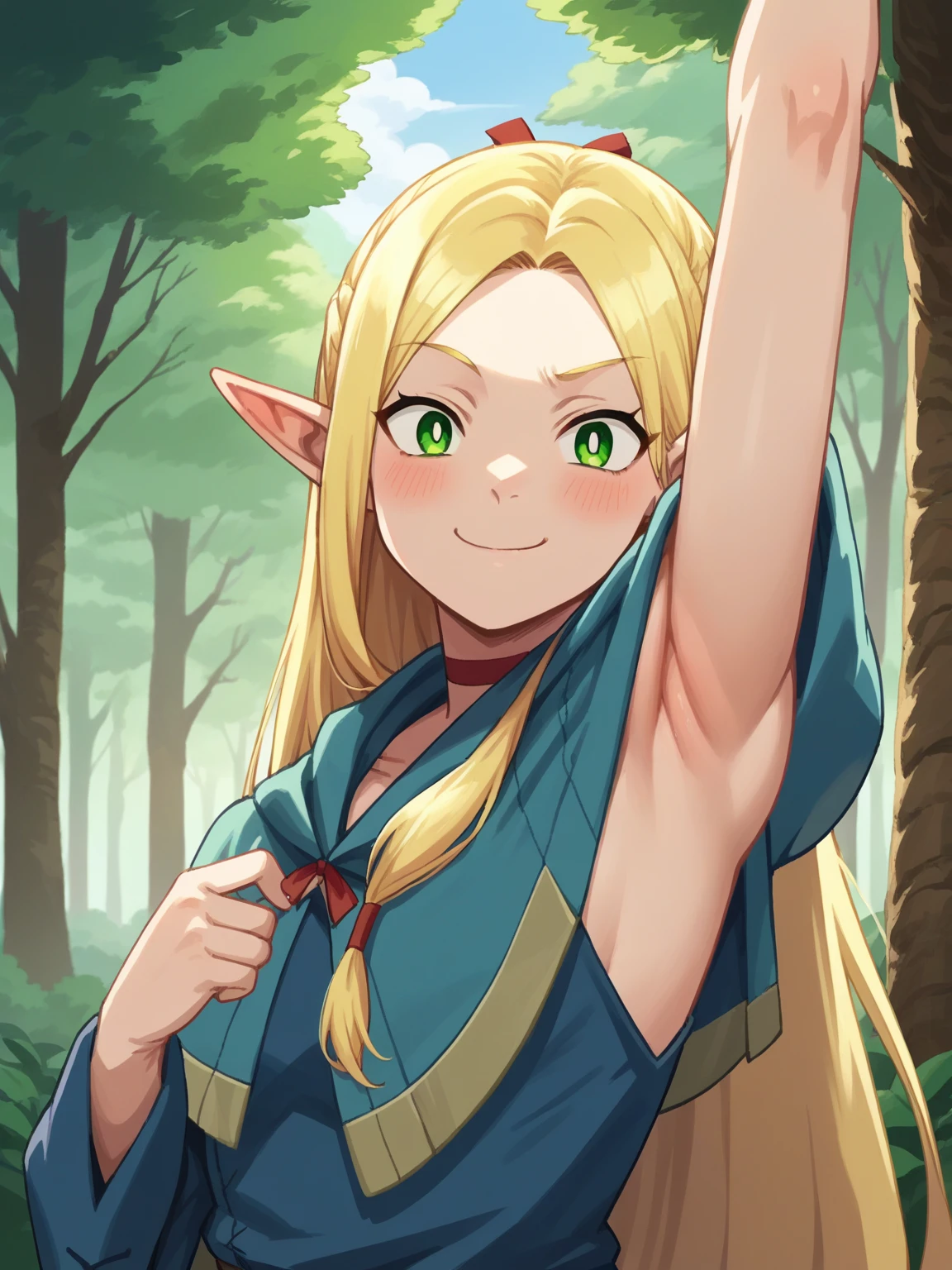 1 girl, princess connect(alisa),elf,elf_ear , (increasing the weight makes things worse),Raise the hand, Are standing, bangs, just_shoulder , blonde, green eyes, blush,long hair,uniform, white background