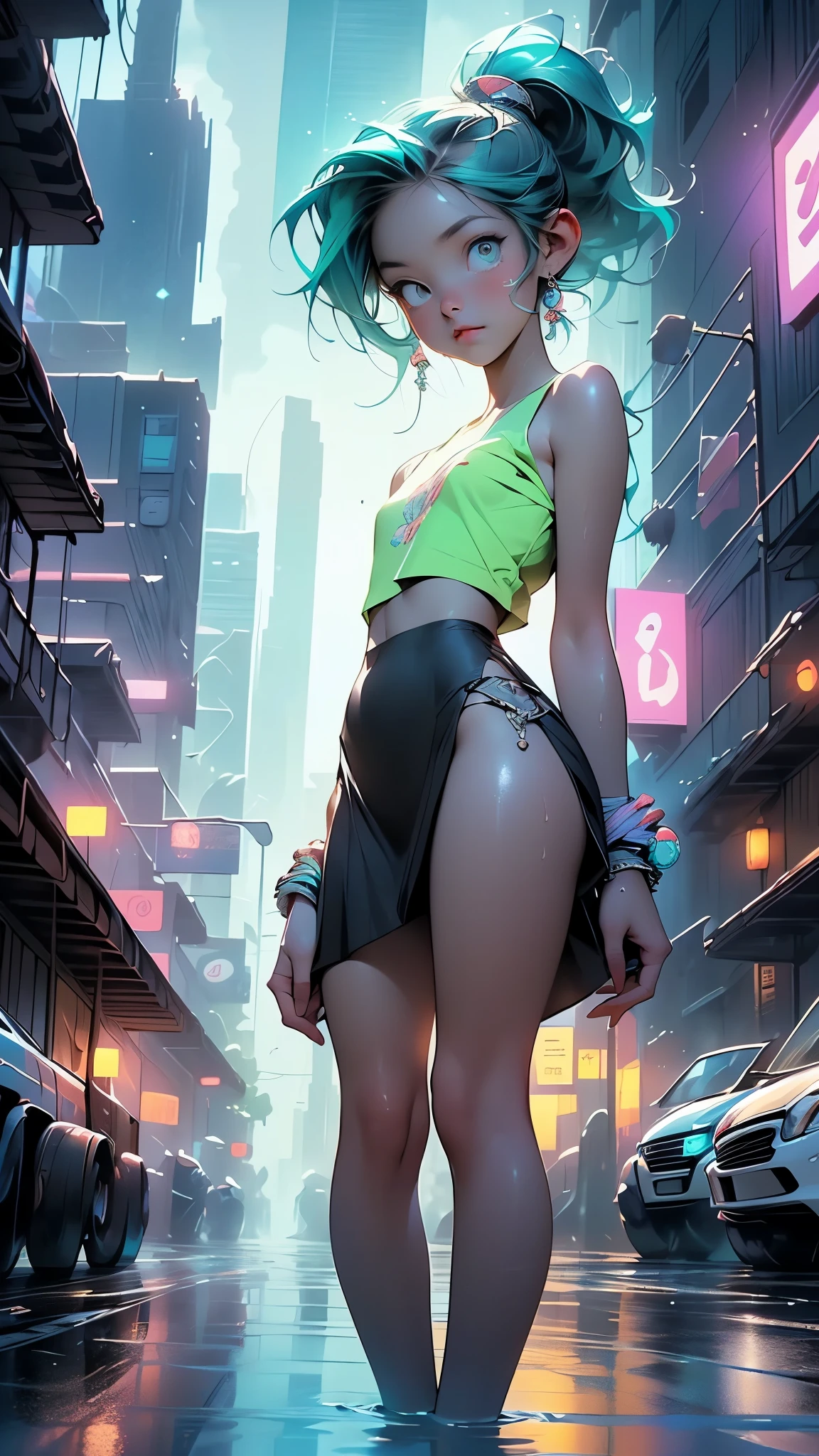 cute little loli,(((little loli,small tiny body,petite,chibi))),(((6 years old))),((little loli with extremely cute and beautiful aqua hair)),(baby face),(round face),
(((flat chest))),(((aqua hair:1.5,long aqua hair,ponytail,colored inner hair,ear breathing,))),((heterochromia:1.5, (aqua_eye and yellow_eye))),intricate eyes,beautiful detailed eyes,symmetrical eyes,big eyes:1.5,(((lustrous skin:1.5,bright skin: 1.5,skin tanned,shiny skin,very shiny skin,shiny body,plastic glitter skin,exaggerated shiny skin,illuminated skin,wet legs))),(detailed body,(detailed face)),
cute,slutty,erotic,((nsfw)),
zettai ryouiki,(revealing clothing,show skin),((sideboob)),(barefoot,),(((breast curtain,low rise mini skirt,high cut thong))),((colorful clothes, clothes in neon colors)),((wet clothes,intricate outfit,intricate clothes)),
(dynamic pose:1.0),solo focus,embarrassed,(centered,scale to fit dimensions,Rule of thirds),
cyberpunk city by the ocean at night, with bright neon signs and dark stormy clouds and puddles, scenery:1.25,nighttime, starry night, cosmos,Very dark night that makes the neon lights stand out, very bright neon lights,nighttime, starry night, cosmos,
artistic photography,(photography taken by sldr),highres, sharp focus,(ultra detailed, extremely detailed), (photorealistic artwork:1.37),(extremely detailed CG unity 8k wallpaper),((synthwave background theme)),(((vibrant colors))),intricate,(intricate background),(masterpiece),(best quality),perfect rendered face,perfect face details,realistic face,photo realistic,analog style,((intricate detail)),(((realism))),