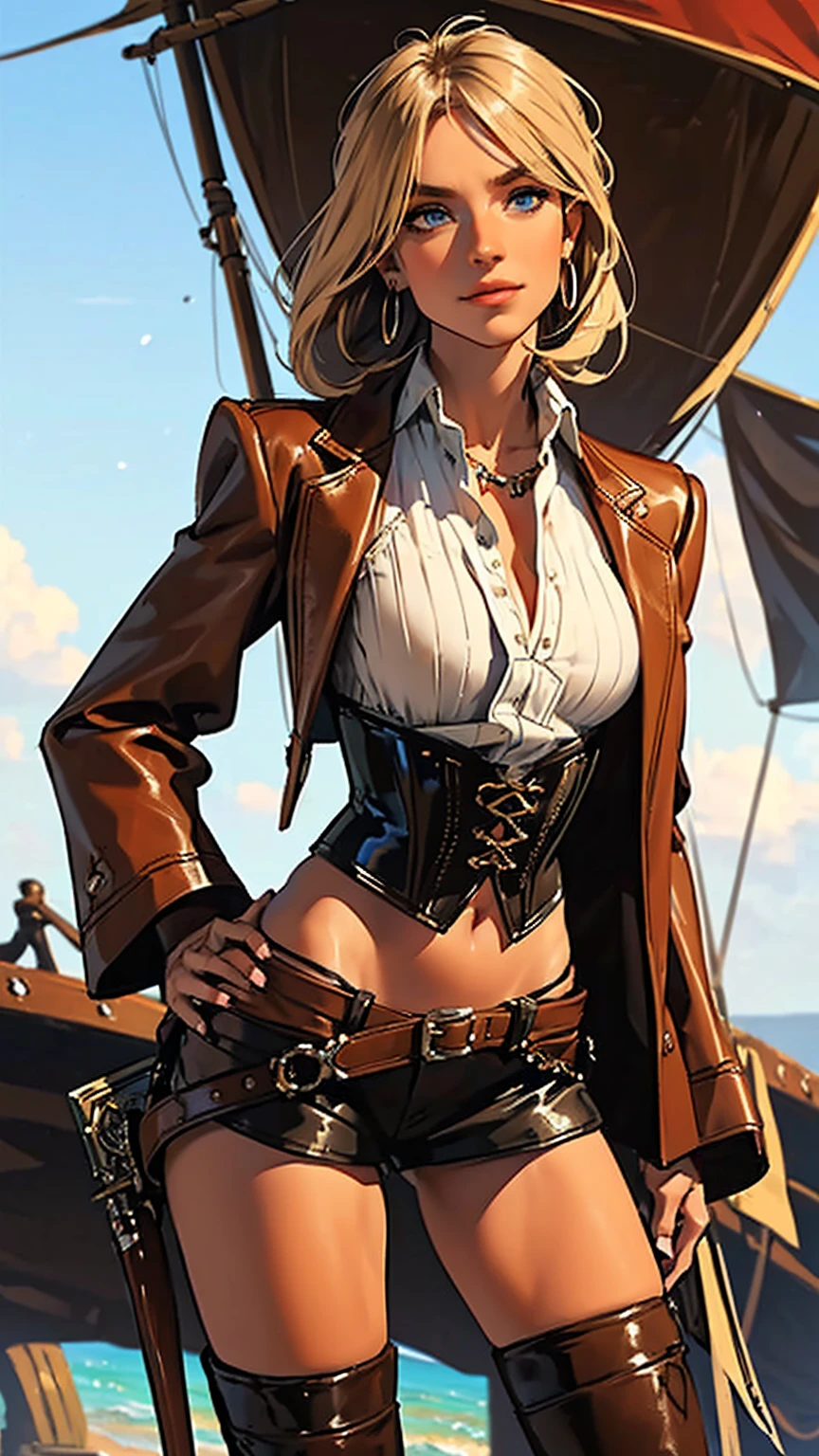 (masterpiece), best quality, expressive eyes, perfect face, (pirate ship background), (standing), (smirk), (closeup view), (1girl, selt, dark skin, tanned skin, blonde hair, boho bob hairstyle, blue eyes, hourglass figure, thin body, skinny body, petite_body, large breasts, thick thighs, long fingernails,, white front lace blouse, long sleeve, loose fit, brown leather corset, brown leather shorts, brown boots, sheathed cutlass sword, flintlock pistol in holster, hoop earrings, miscellaneous jewelry)