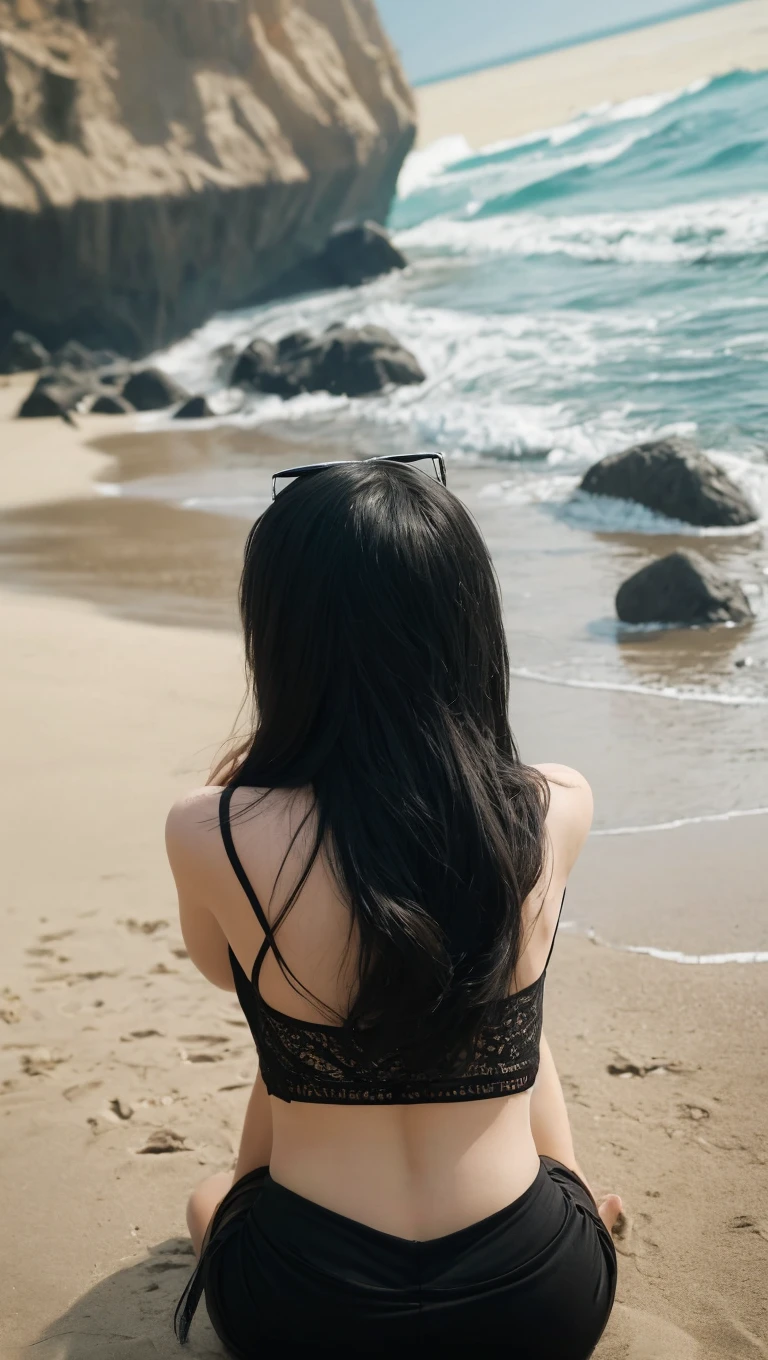Korean woman with beautiful shape of rounded waist and perfect back on beach looking at camera、Black hair straight long hair