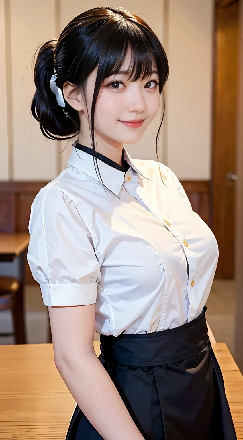 (highest quality,masterpiece:1.3,Ultra-high resolution,),(Very detailed,Caustics),(Realistic:1.4,RAW shooting,)Ultra-Realistic Capture,Very detailed,High resolution 16K human skin closeup。 Natural skin texture、,pores、、、、It must be detailed enough to be easily identifiable。 Skin tone is even and healthy looking。 Use natural light and color,restaurant,Waitress Uniform,1 girl,Japanese,18-year-old,cute,Black-haired,ponytail,Big Breasts,smile,Turn your body forward,(Front view:1.1),Looking into the camera,Cowboy Shot,