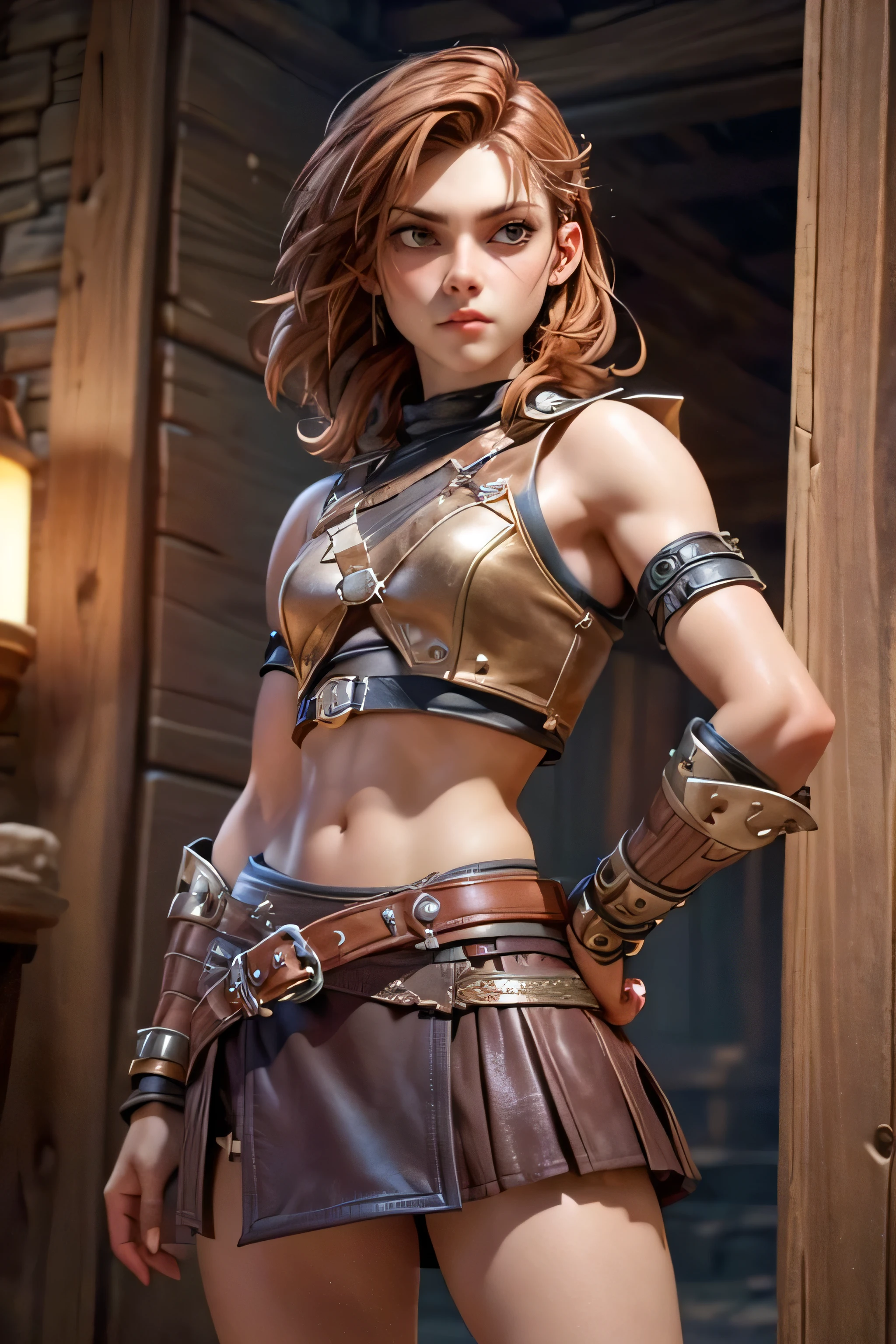 Young Viking woman , warrior, short brown hair, thick eyebrows, ojos marrones, leather armor, strappy leather top , fur skirt, fierce expression, heroic stance, looking at the camera , masterpiece , super detail, lyrics, Natural lighting, sharp focus, Epic character composition.